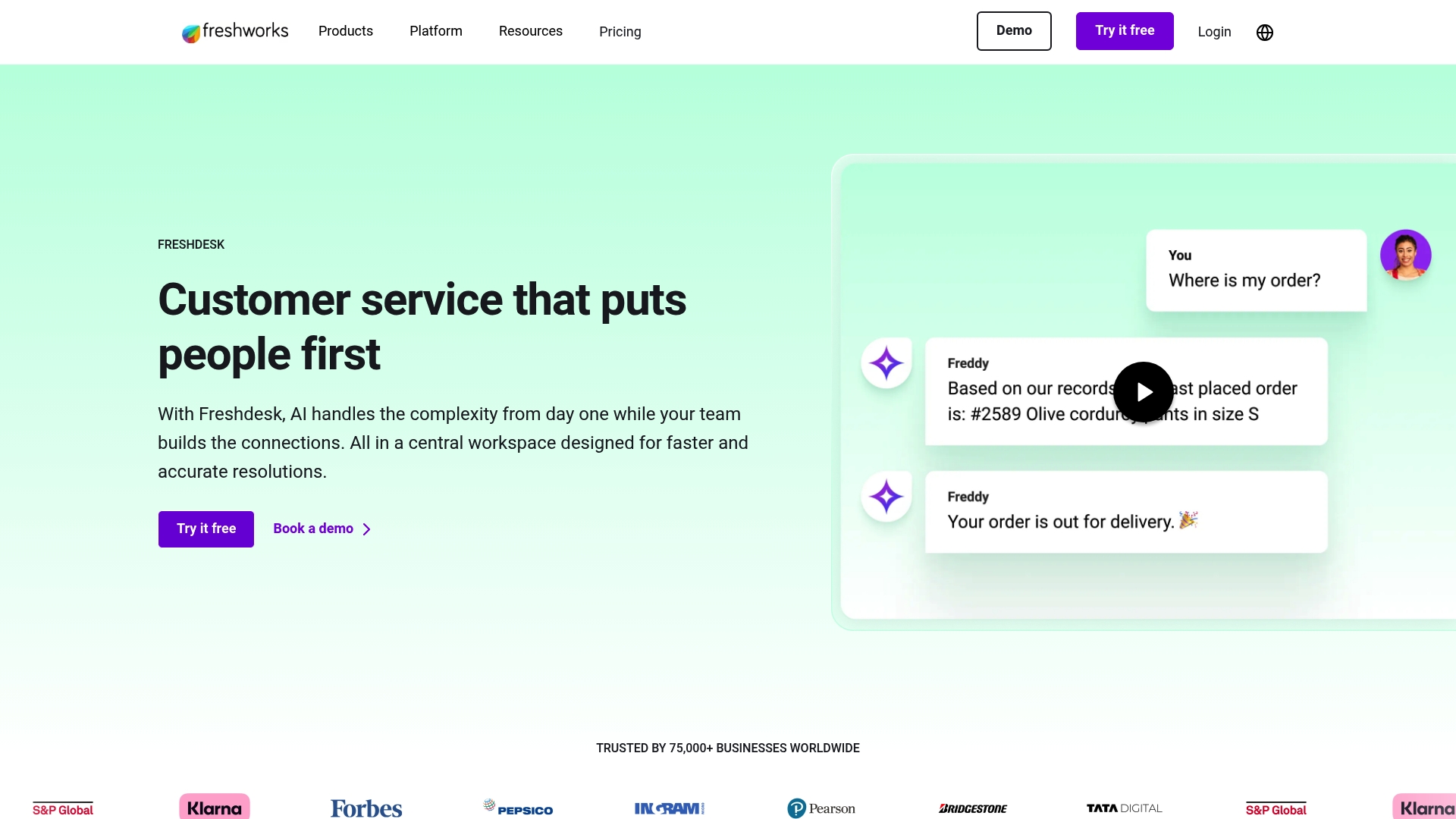 A screenshot of the Freshdesk homepage, an all-in-one helpdesk that includes Freddy AI tools for customer support teams.
