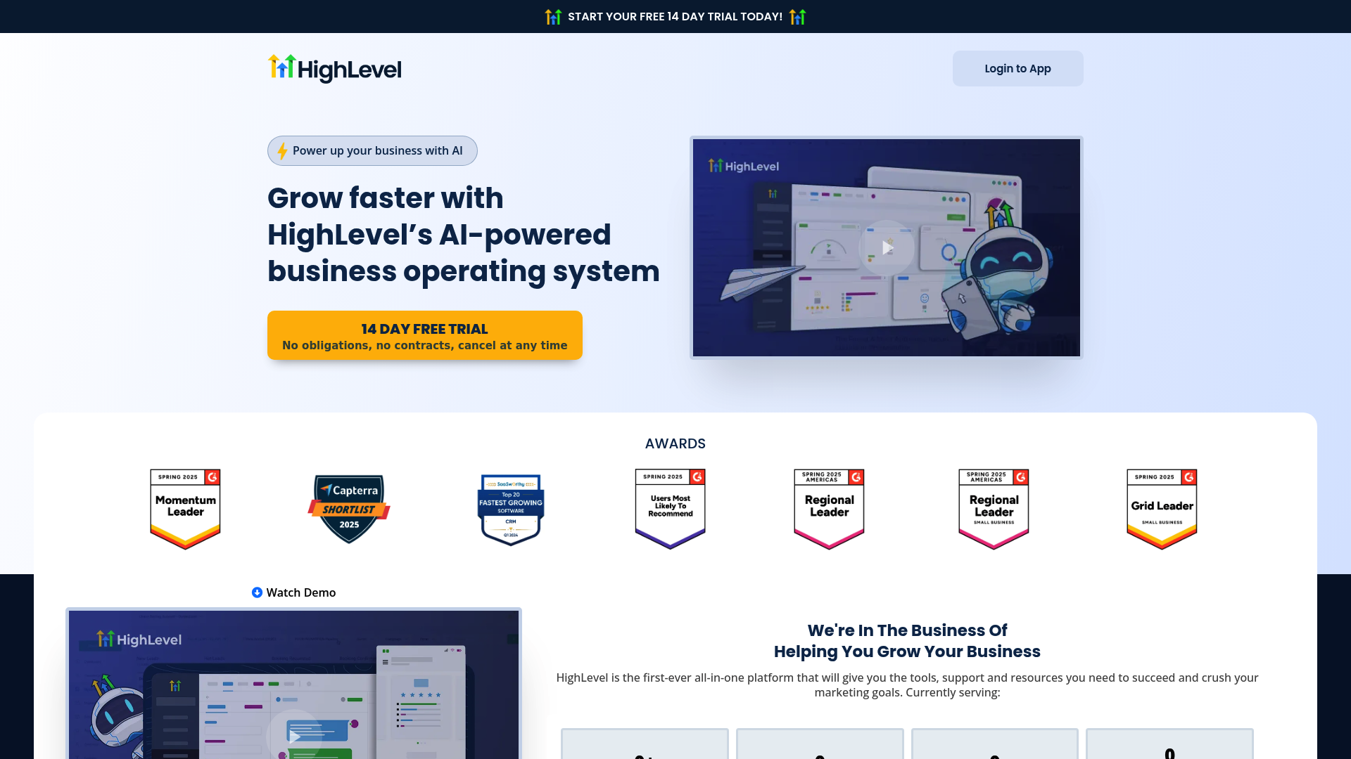 A screenshot of the GoHighLevel landing page, an all-in-one CRM used for building a WhatsApp messaging workflow.