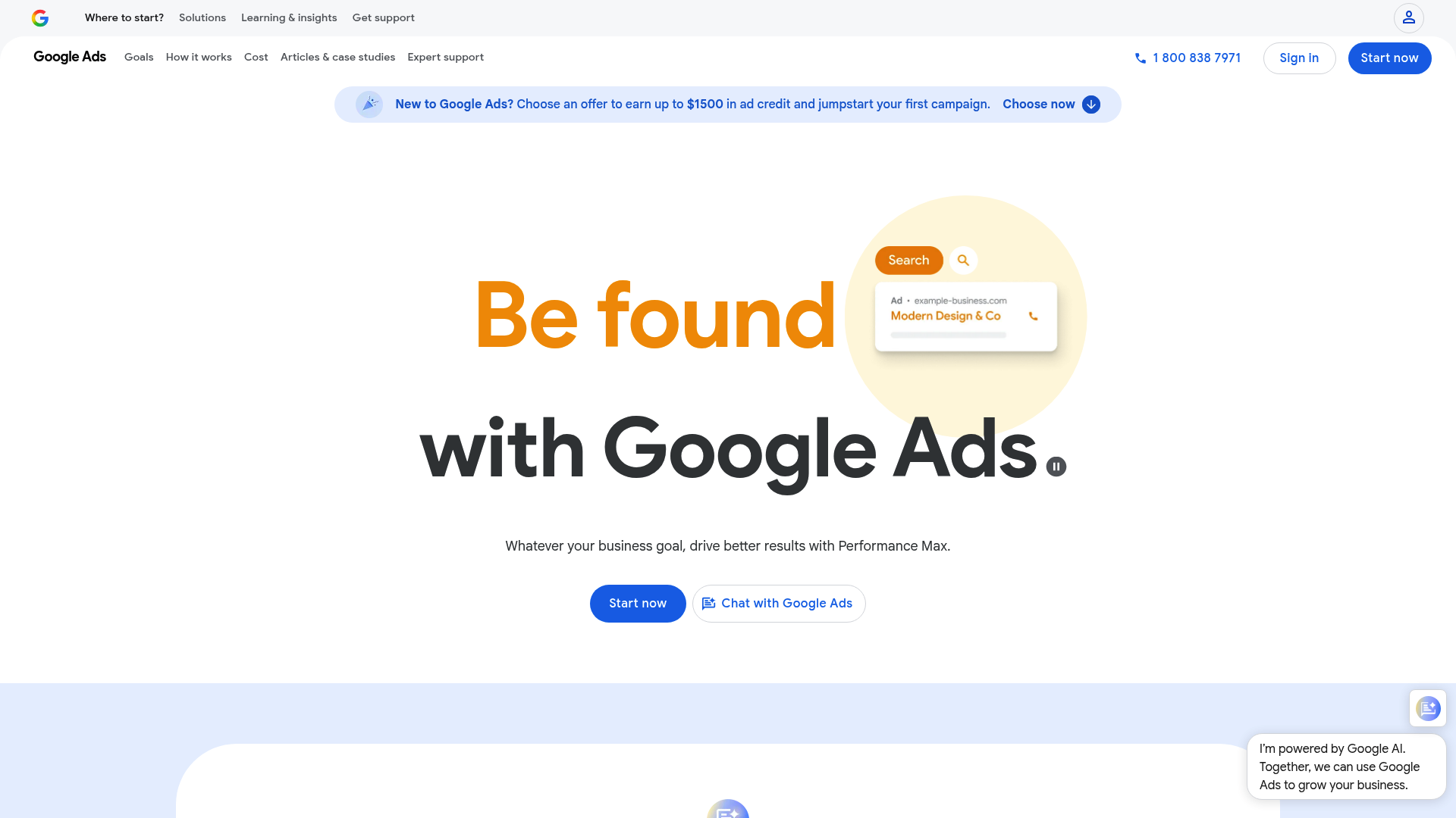 The Google Ads landing page, the entry point for managing Search campaigns and the new AI Max suite.