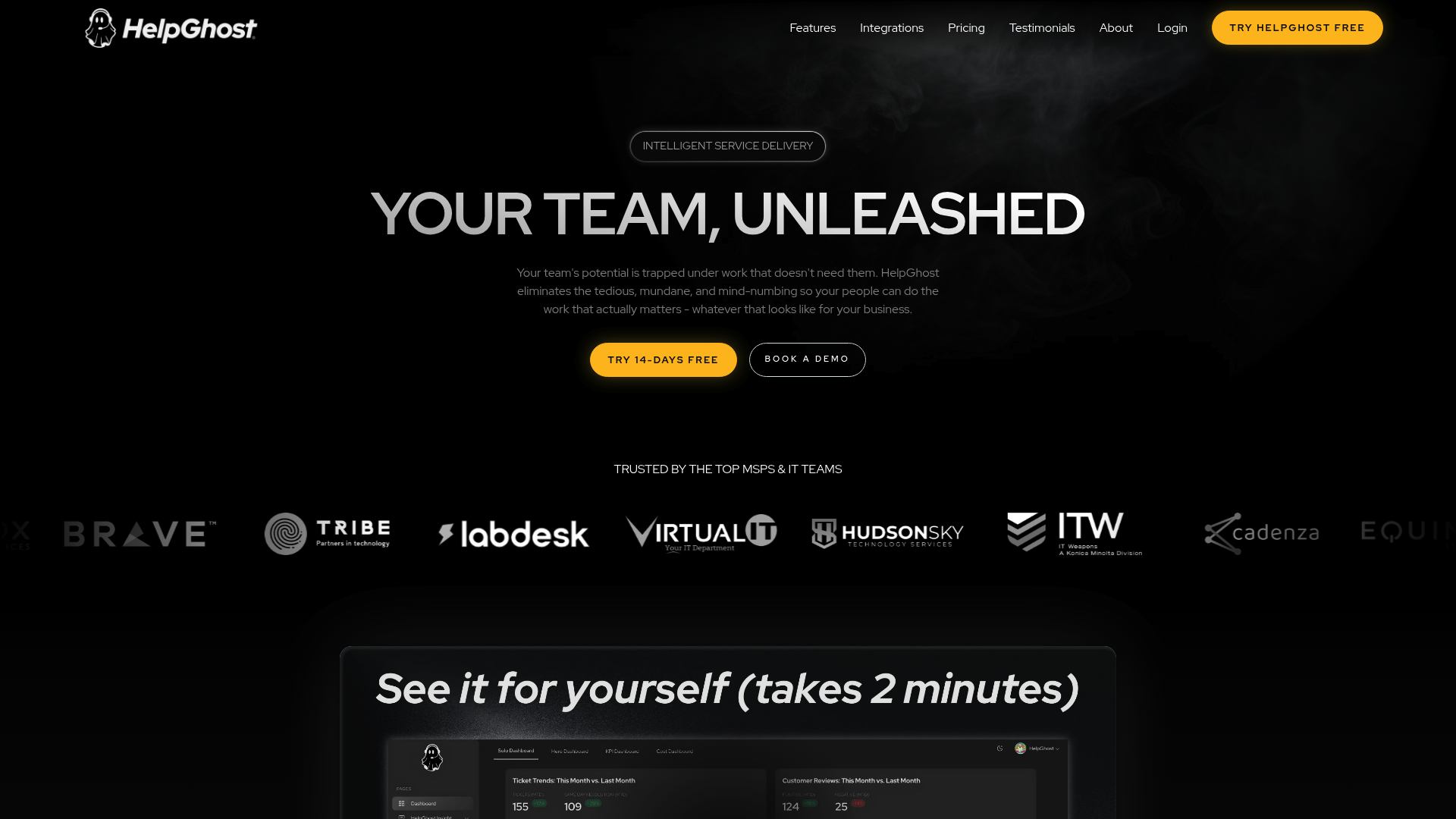 A screenshot of HelpGhost's landing page.
