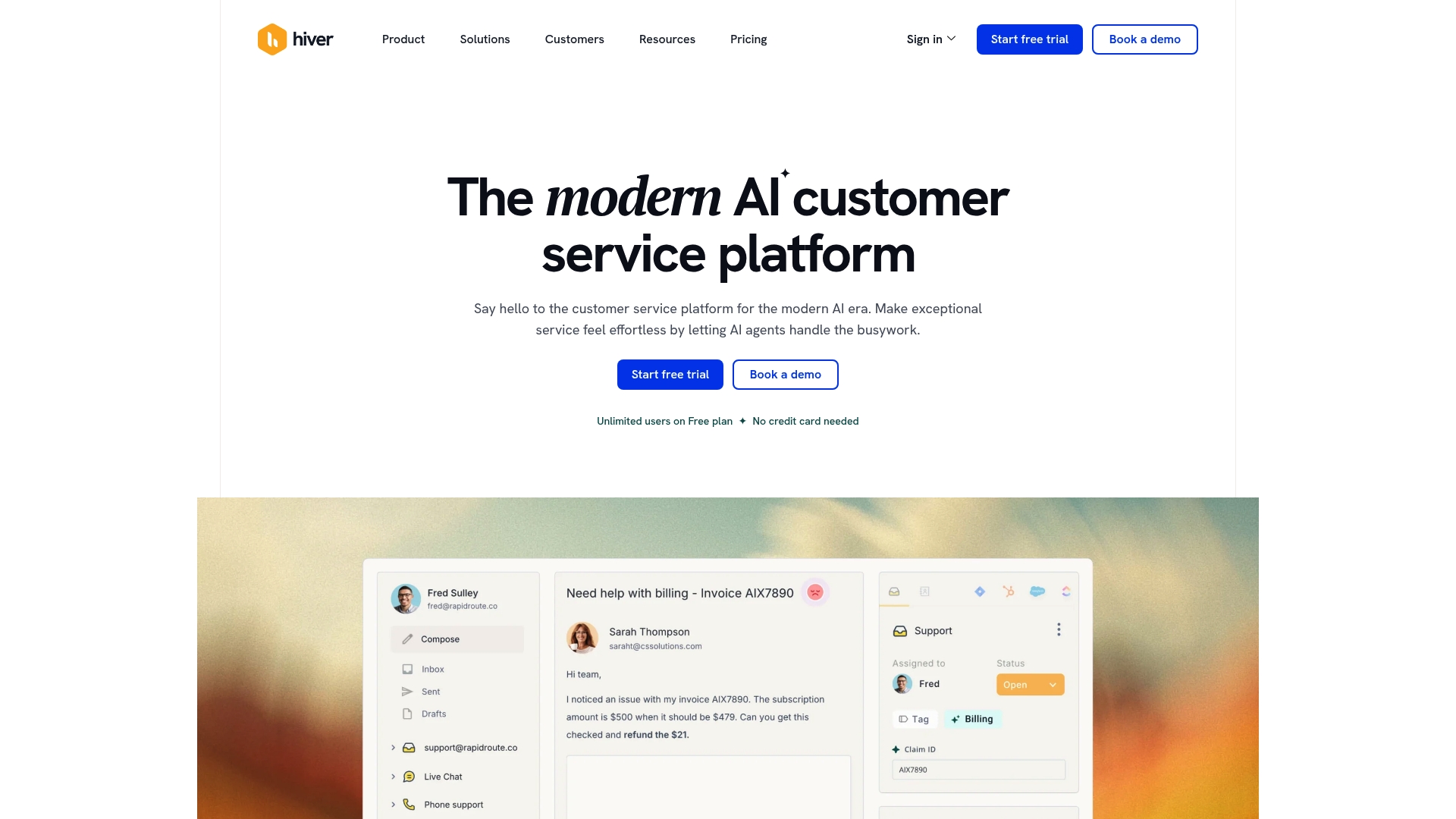 GmailおよびOutlookユーザー向けに設計されたヘルプデスクソフトウェア、Hiverのホームページのスクリーンショット。