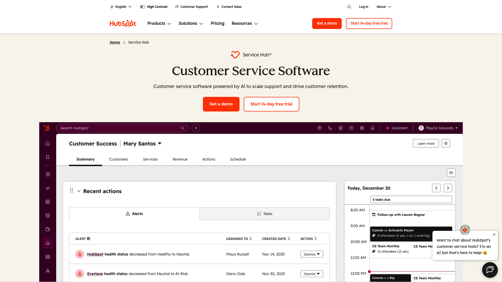 HubSpot Service Hub landing page with product overview and features