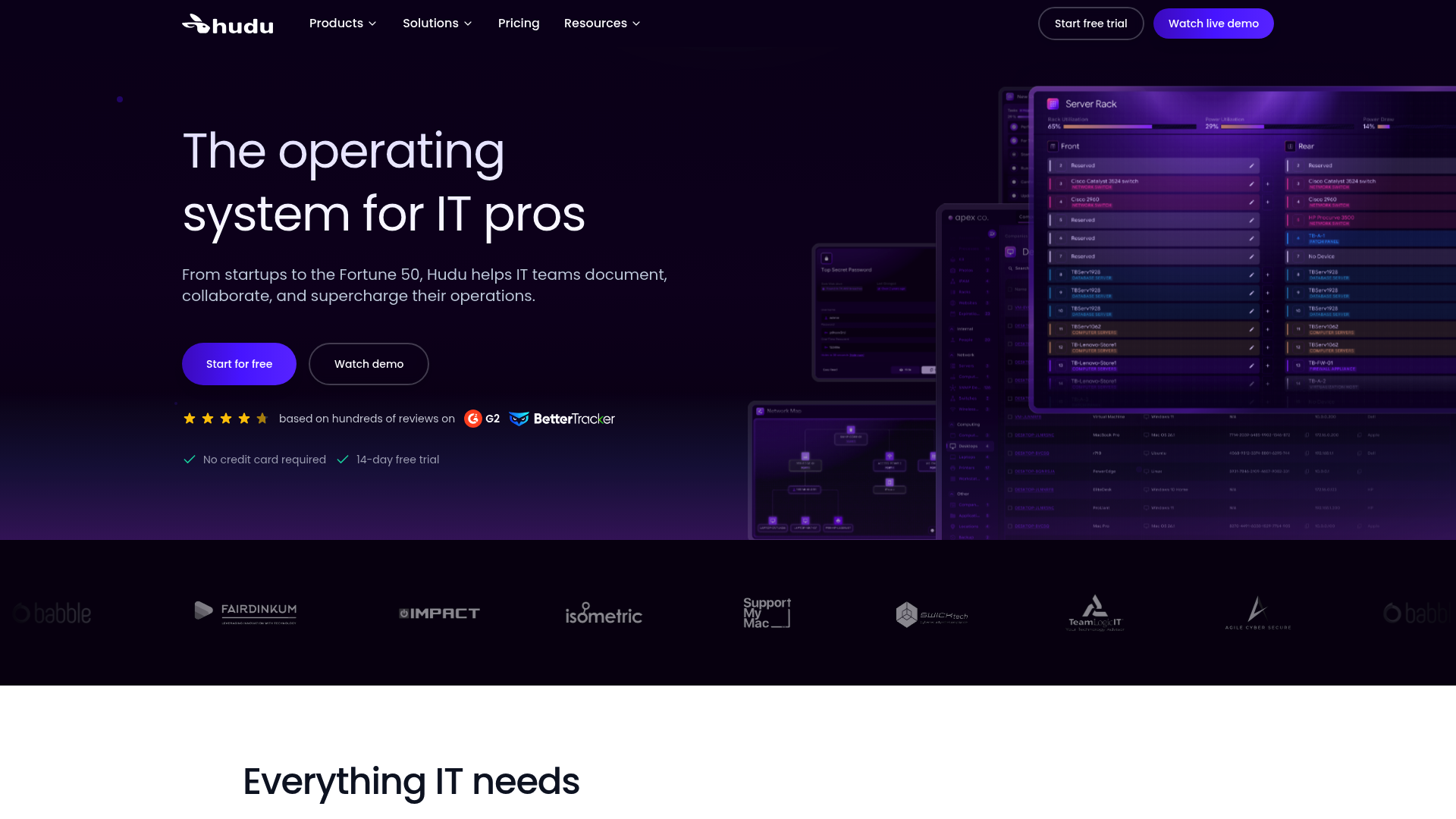 A screenshot of Hudu's landing page.