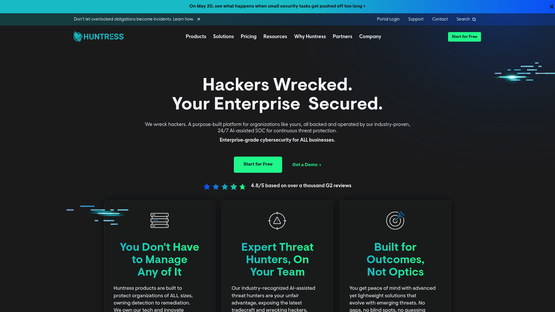 Huntress managed security platform homepage