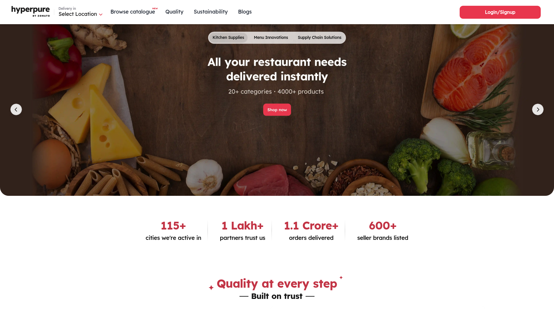 The Hyperpure website, Zomato's B2B supply platform, which diversifies the Zomato revenue model.