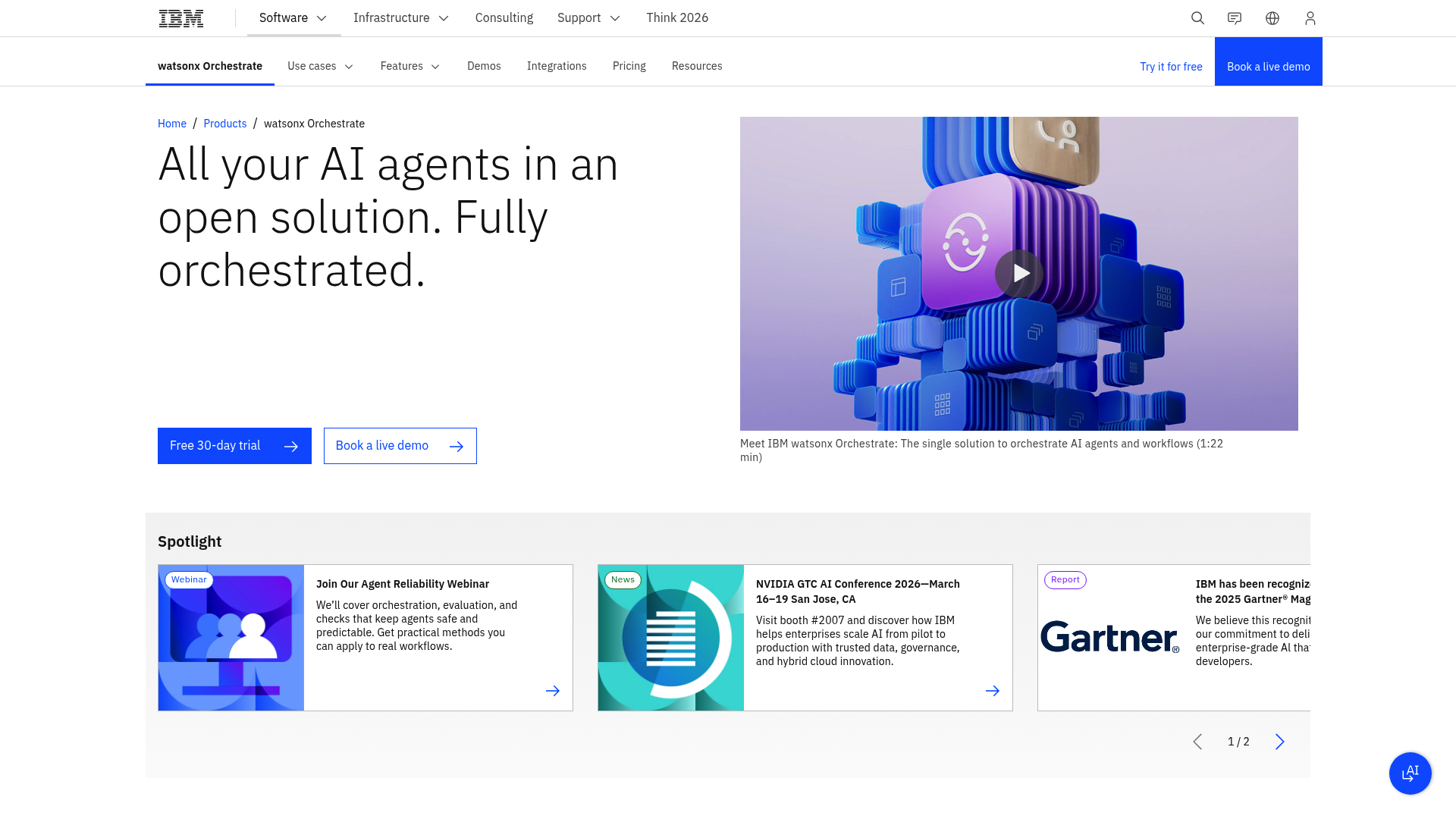 Página de inicio de la plataforma de IA empresarial IBM watsonx Orchestrate