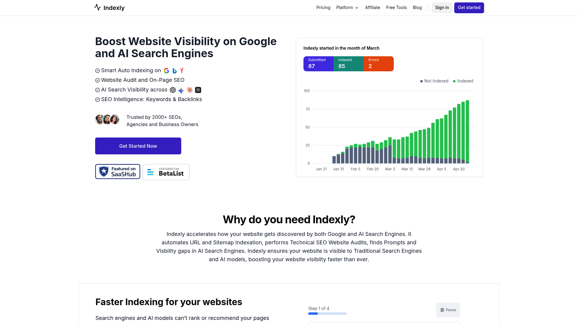 インデックス登録に焦点を当てた、SEO最適化に最適なAIツールの一つであるIndexlyのランディングページのスクリーンショット。
