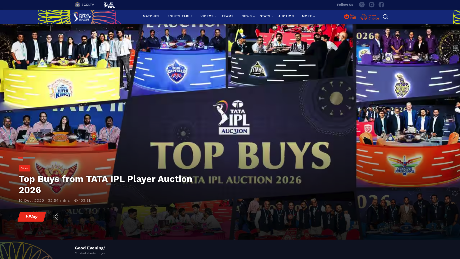 A screenshot of the official IPL website homepage, a rapidly growing sports league by revenue.