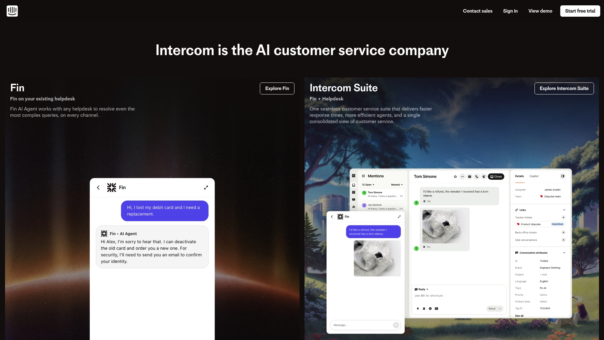 Página de destino de Intercom que muestra la plataforma de servicio al cliente centrada en el chat
