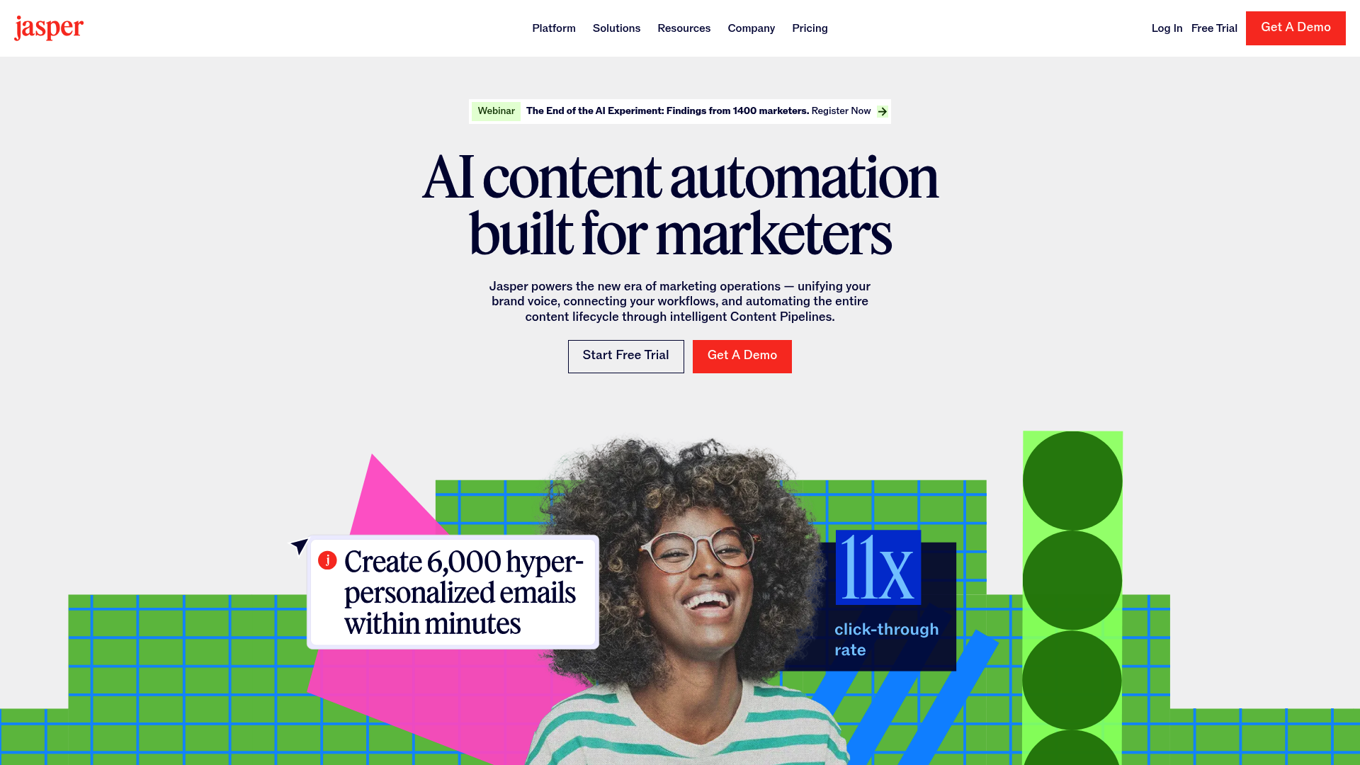 Uma captura de tela da página de destino do Jasper AI.