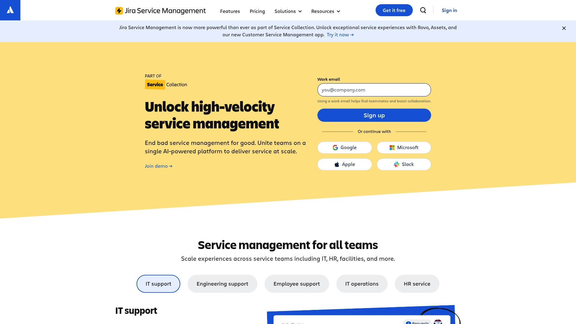 A screenshot of the Jira Service Management homepage, relevant to the Freshservice vs Jira Service Management for Asset Management debate.