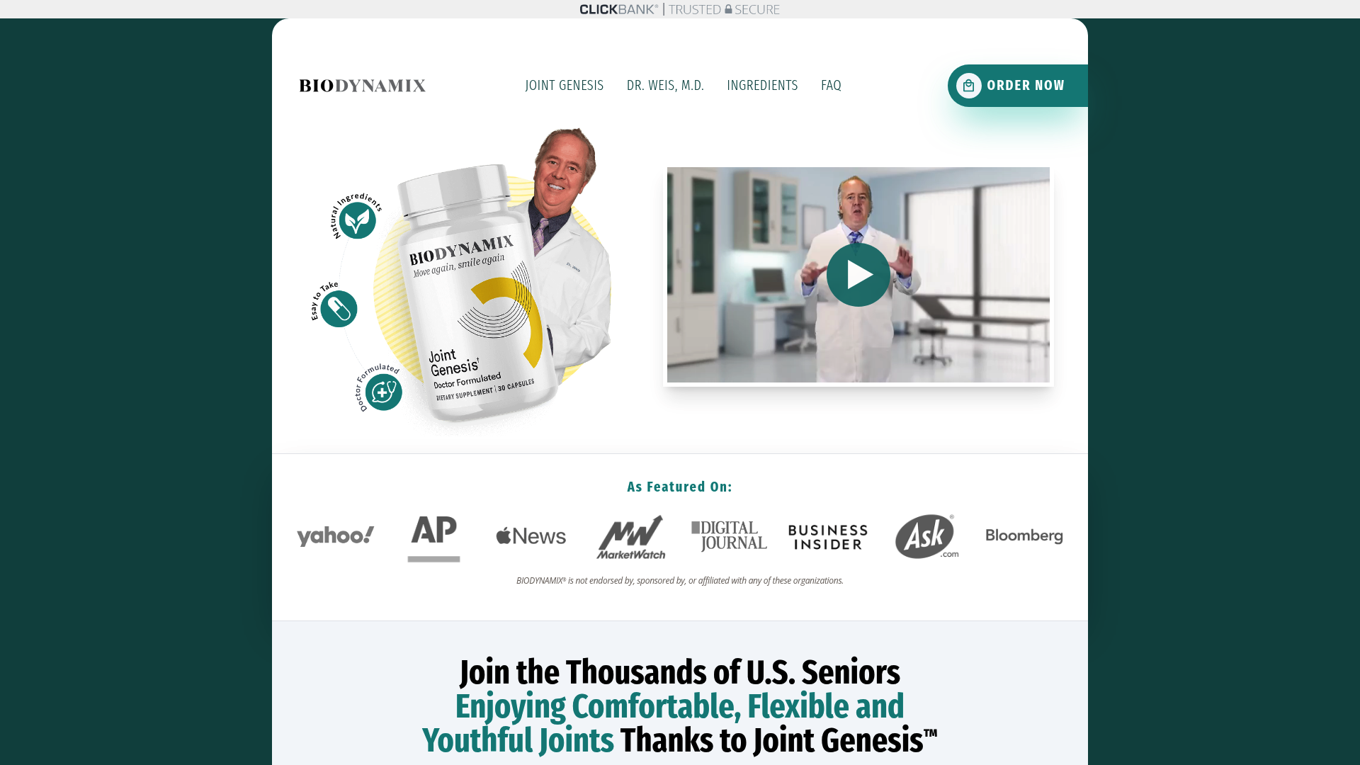 A screenshot of the official website for the Joint Genesis supplement, highlighting its natural formula for joint comfort.