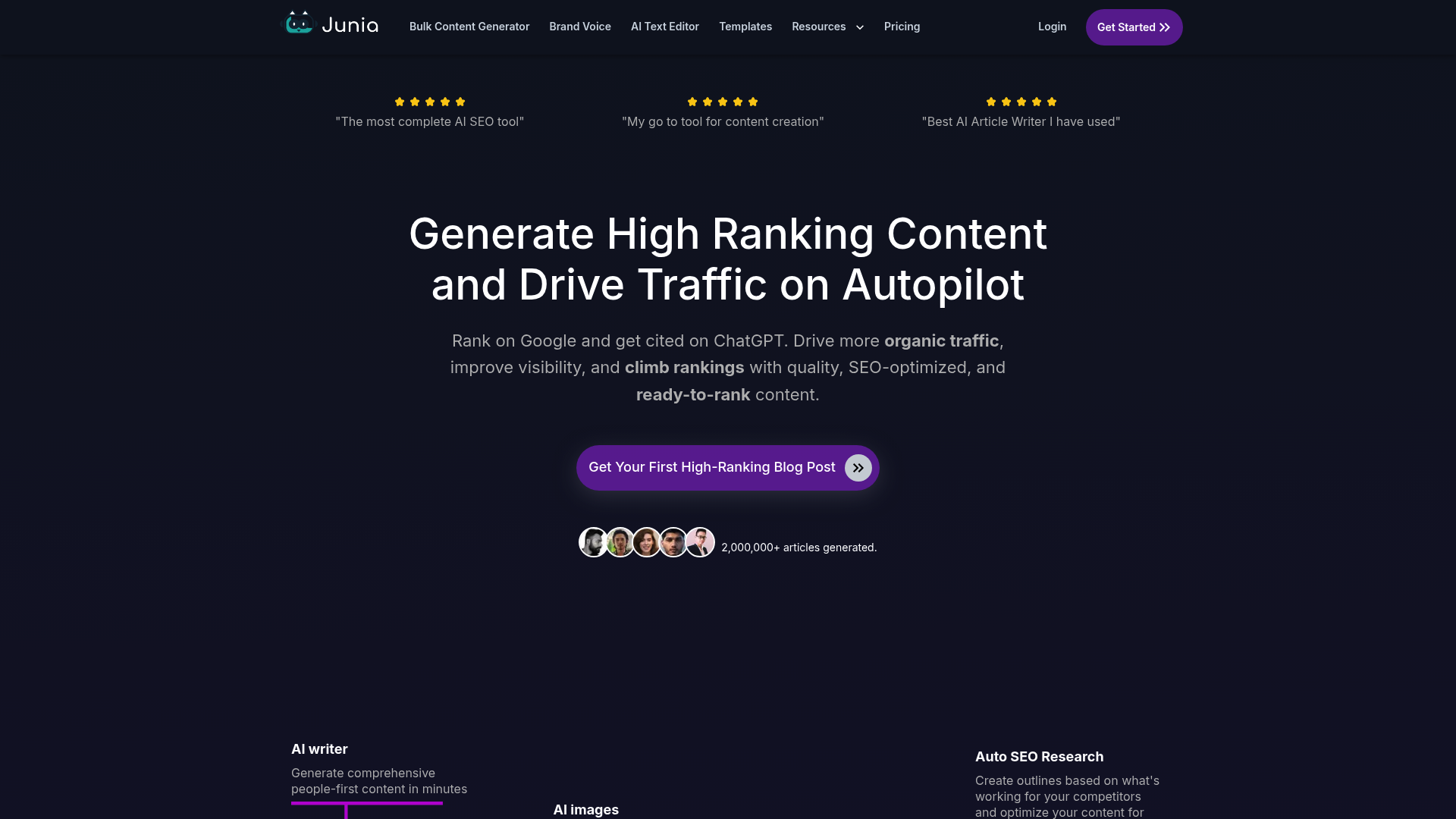 A screenshot of the Junia AI homepage, an AI tool for SEO content creation.
