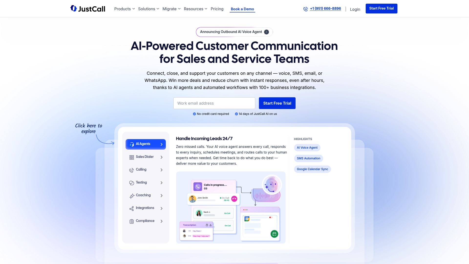 Página de destino do JustCall com mensagens da plataforma de comunicação de receita