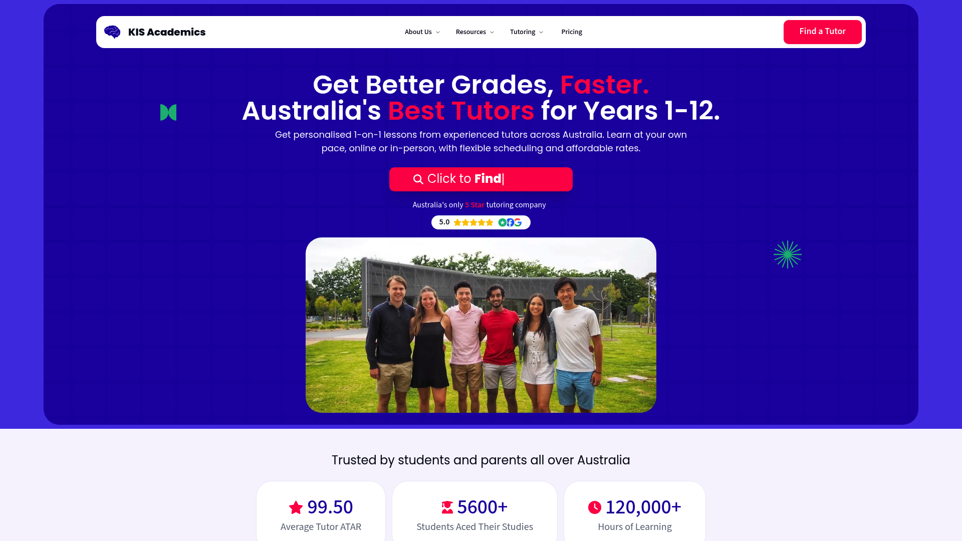 A screenshot of the KIS Academics homepage, an online tutoring service that helps improve Year 6 literacy skills for a successful transition to high school.