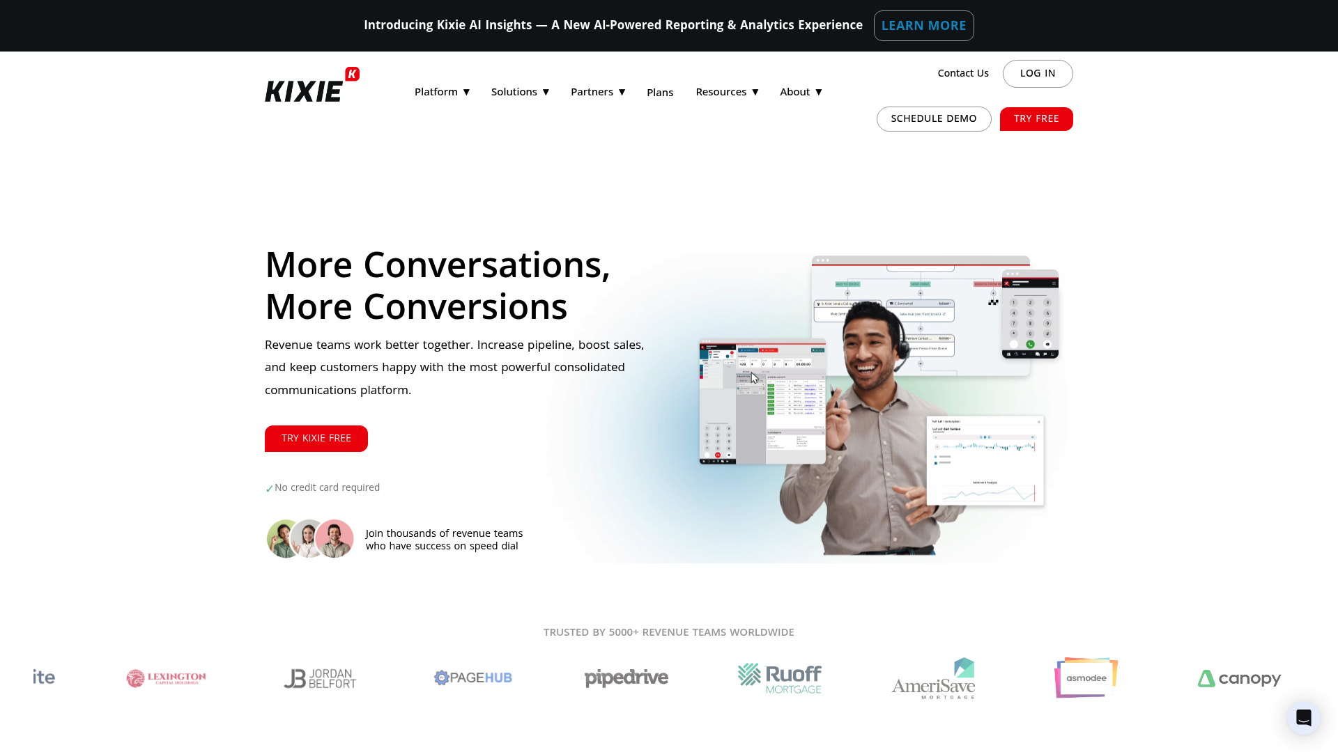Página inicial do Kixie mostrando a plataforma de vendas com tecnologia de IA