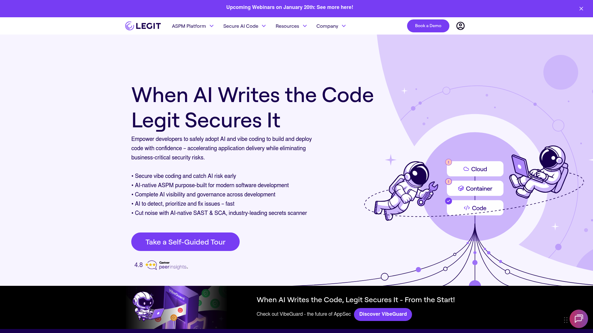 A screenshot of the Legit Security homepage, a platform from one of the top GRC software companies in the USA focused on application security.