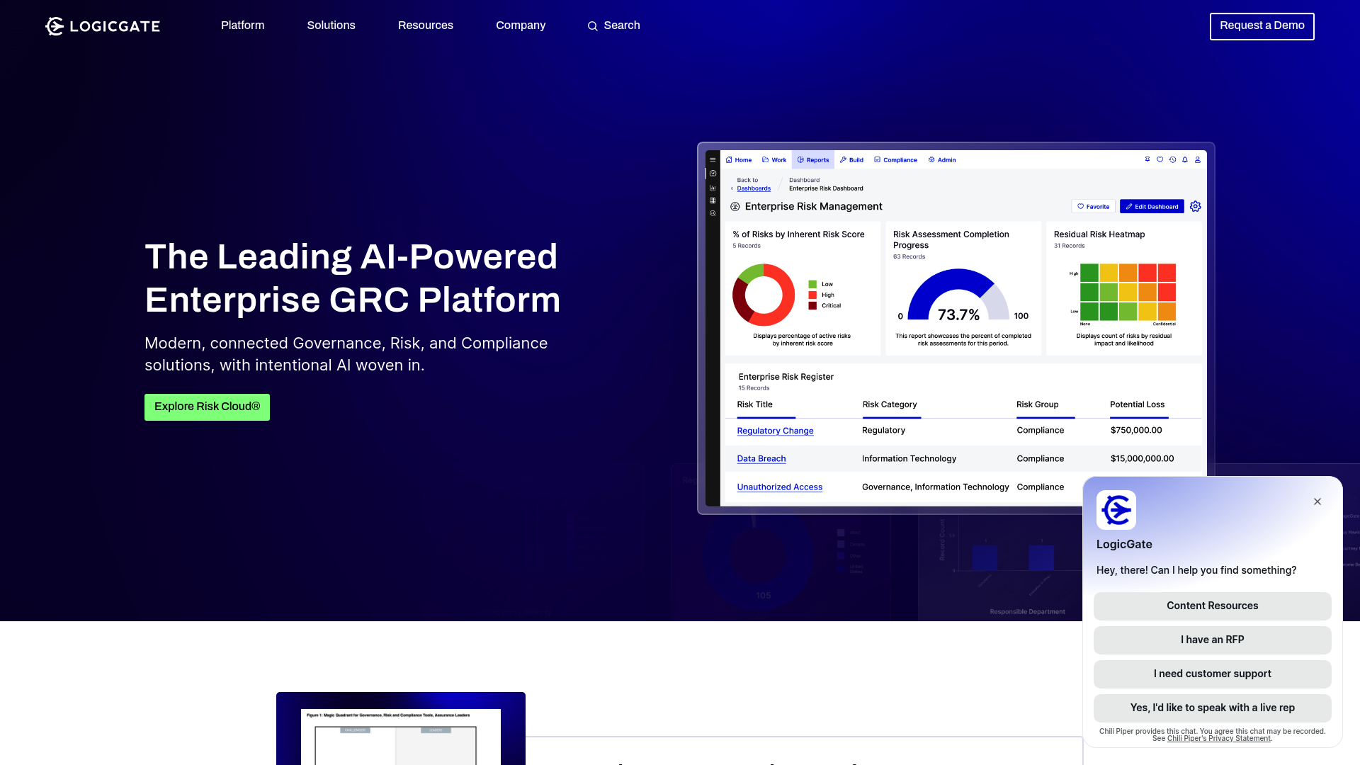 A screenshot of the LogicGate homepage, a flexible GRC platform from one of the top GRC software companies in the USA with no-code workflows.