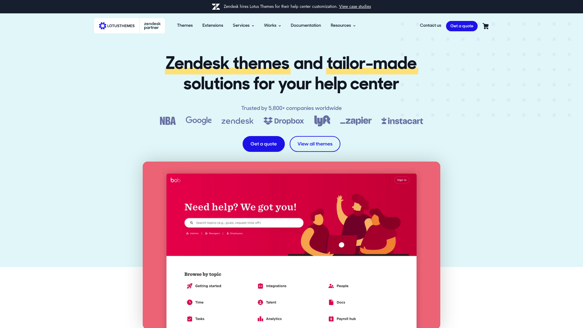 Página de destino de Lotus Themes con sus temas premium de Zendesk Guide.