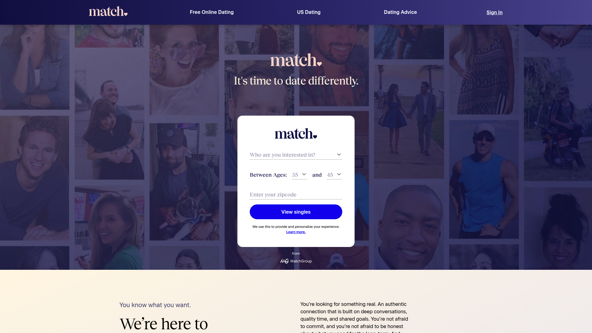 The main landing page of the Match.com dating website, showing the hero image, the signup form, and the brand's slogan for finding serious relationships.