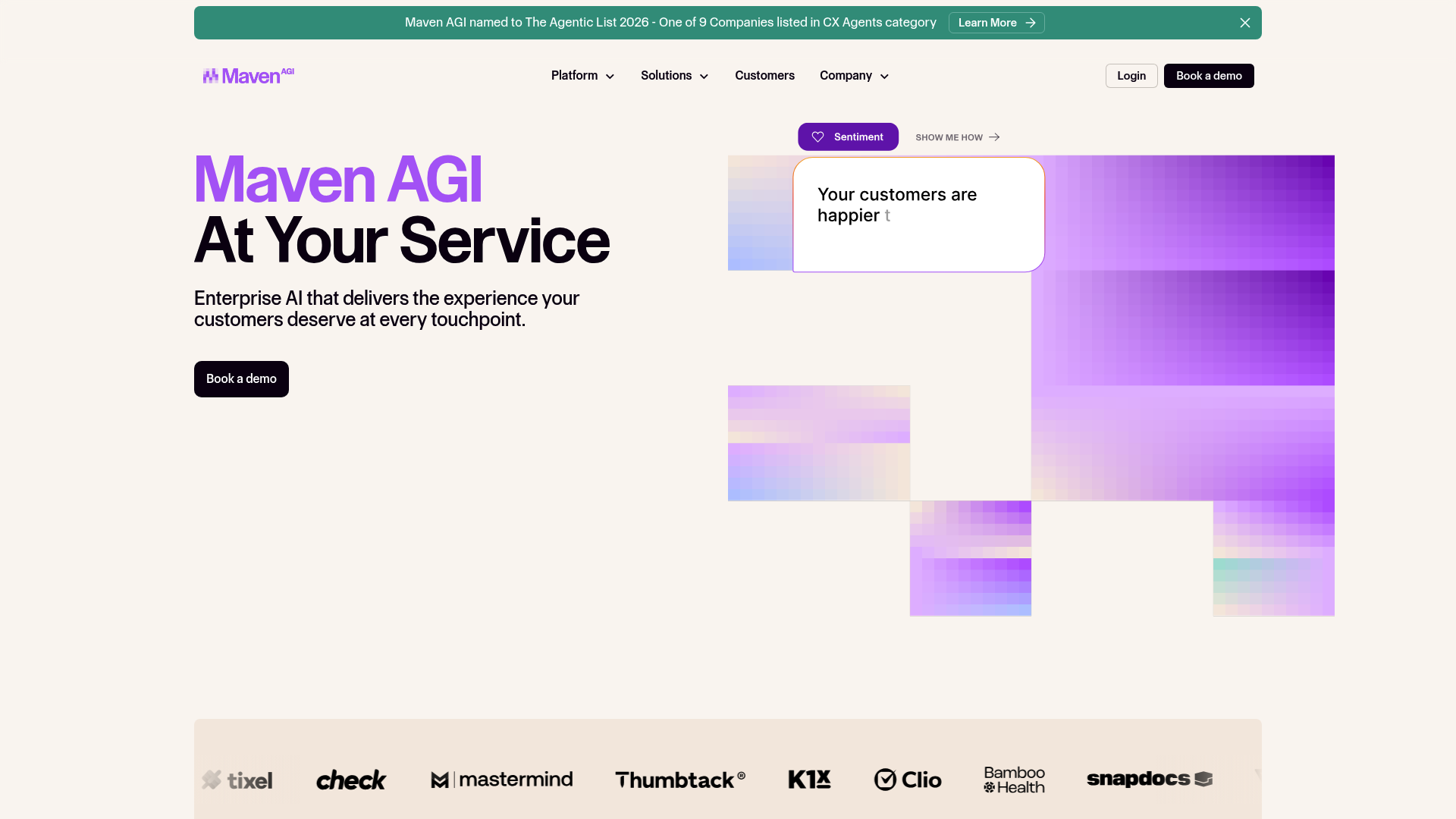 Página de inicio de la plataforma de IA empresarial de Maven AGI que destaca las capacidades de automatización empresarial