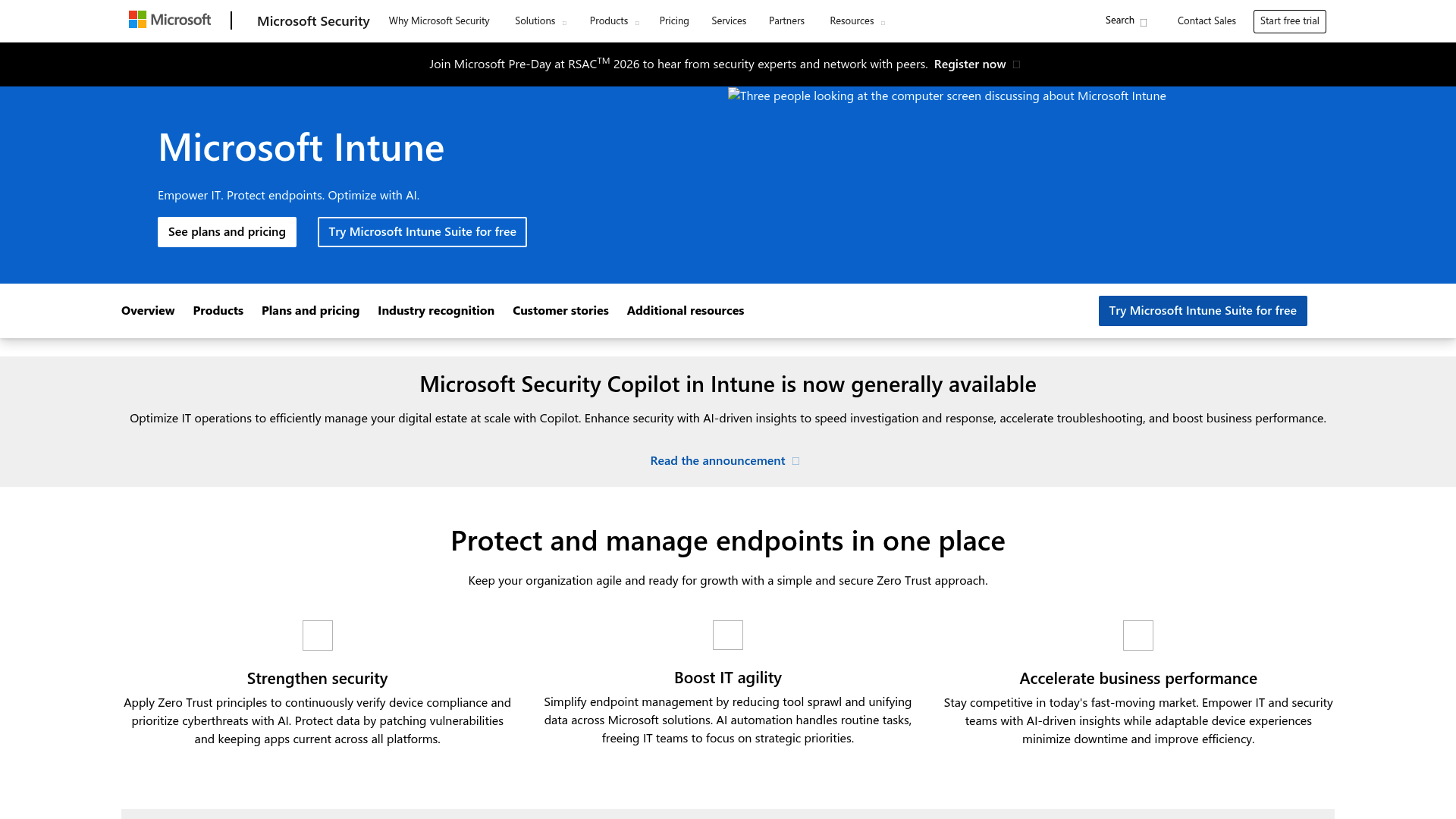 Microsoft Intune landing page
