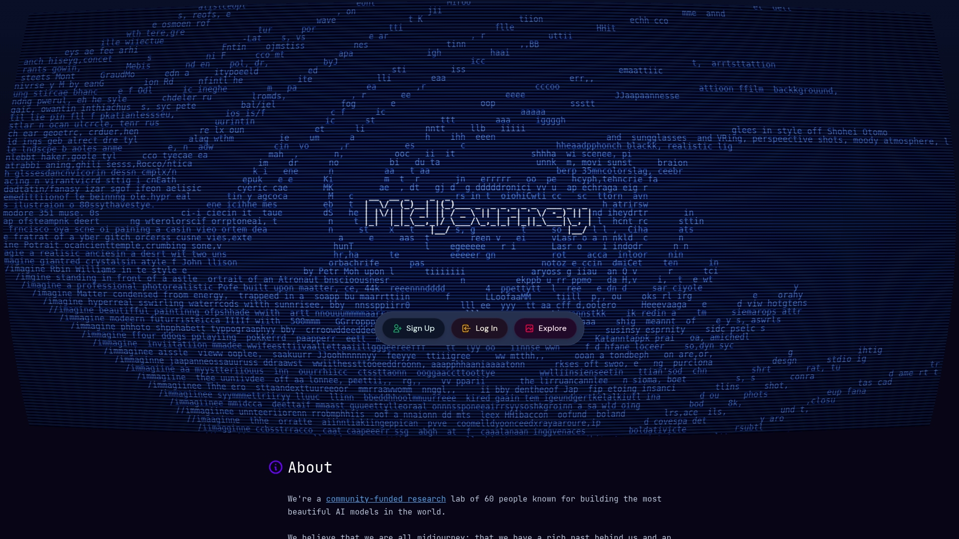 A screenshot of the Midjourney homepage, an AI tool for generating artistic images from text prompts.