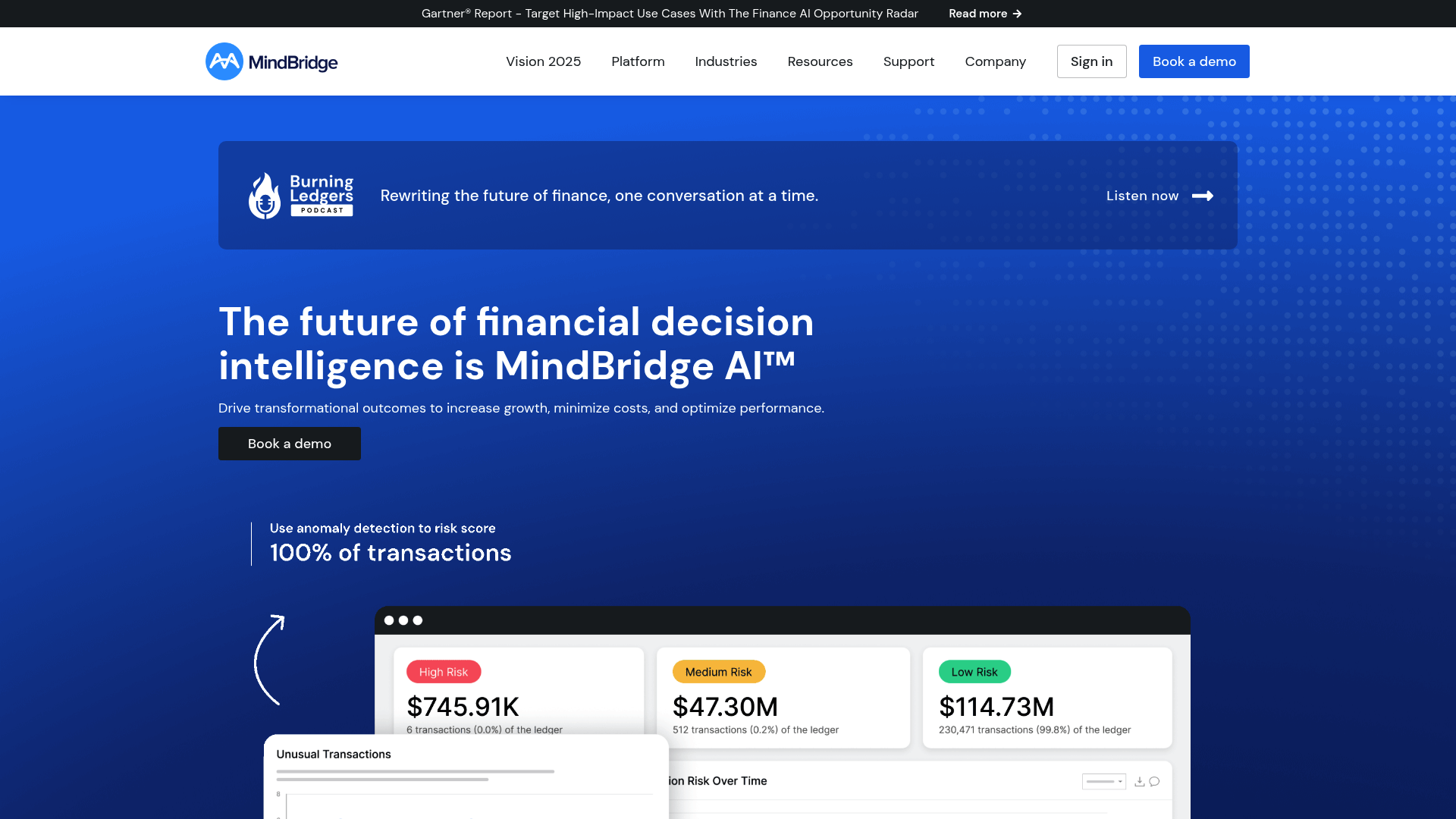 A screenshot of the MindBridge landing page, an advanced AI tool for CA practice focused on audit and assurance.