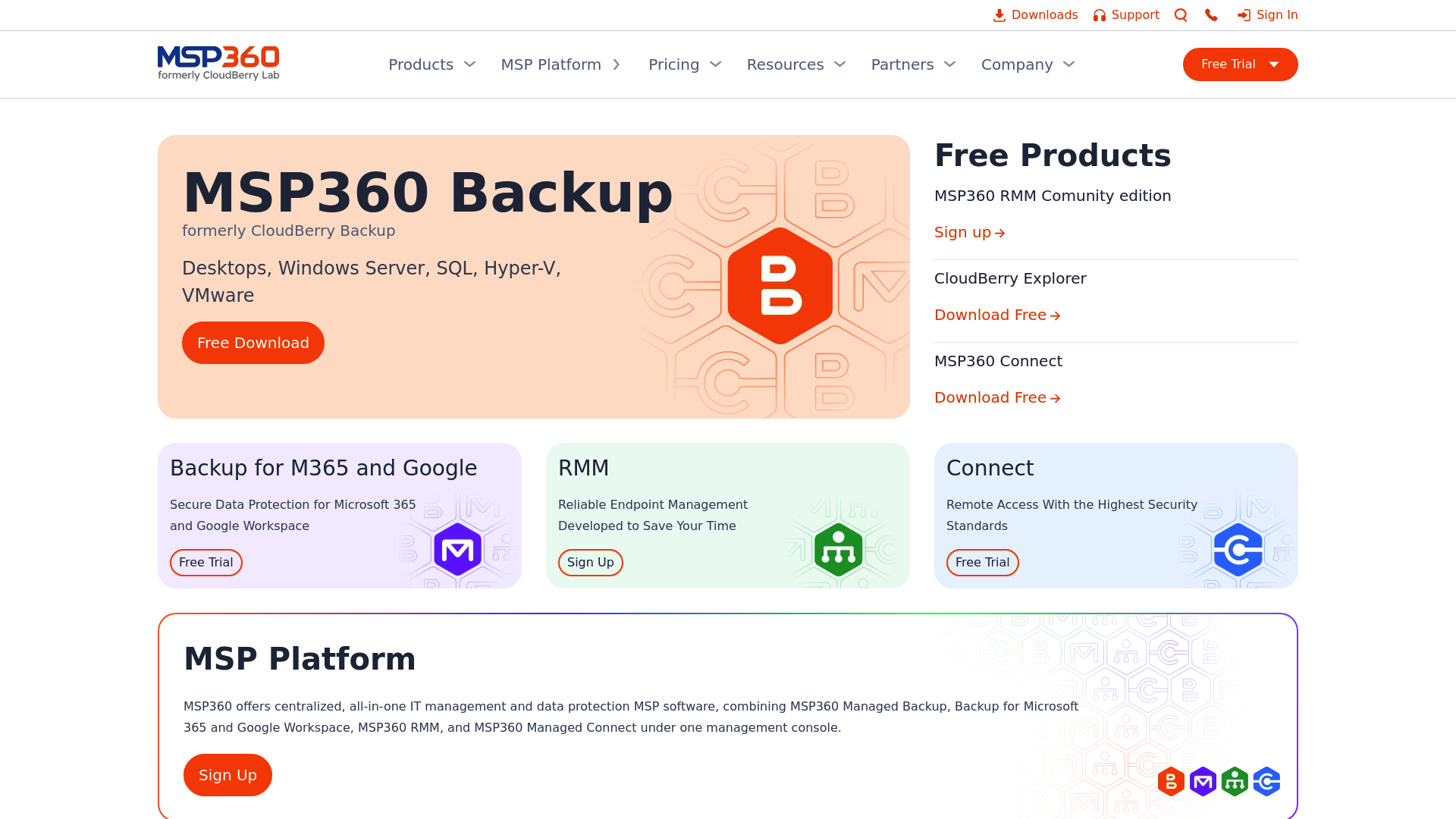 MSP360 landing page with multi-cloud backup options