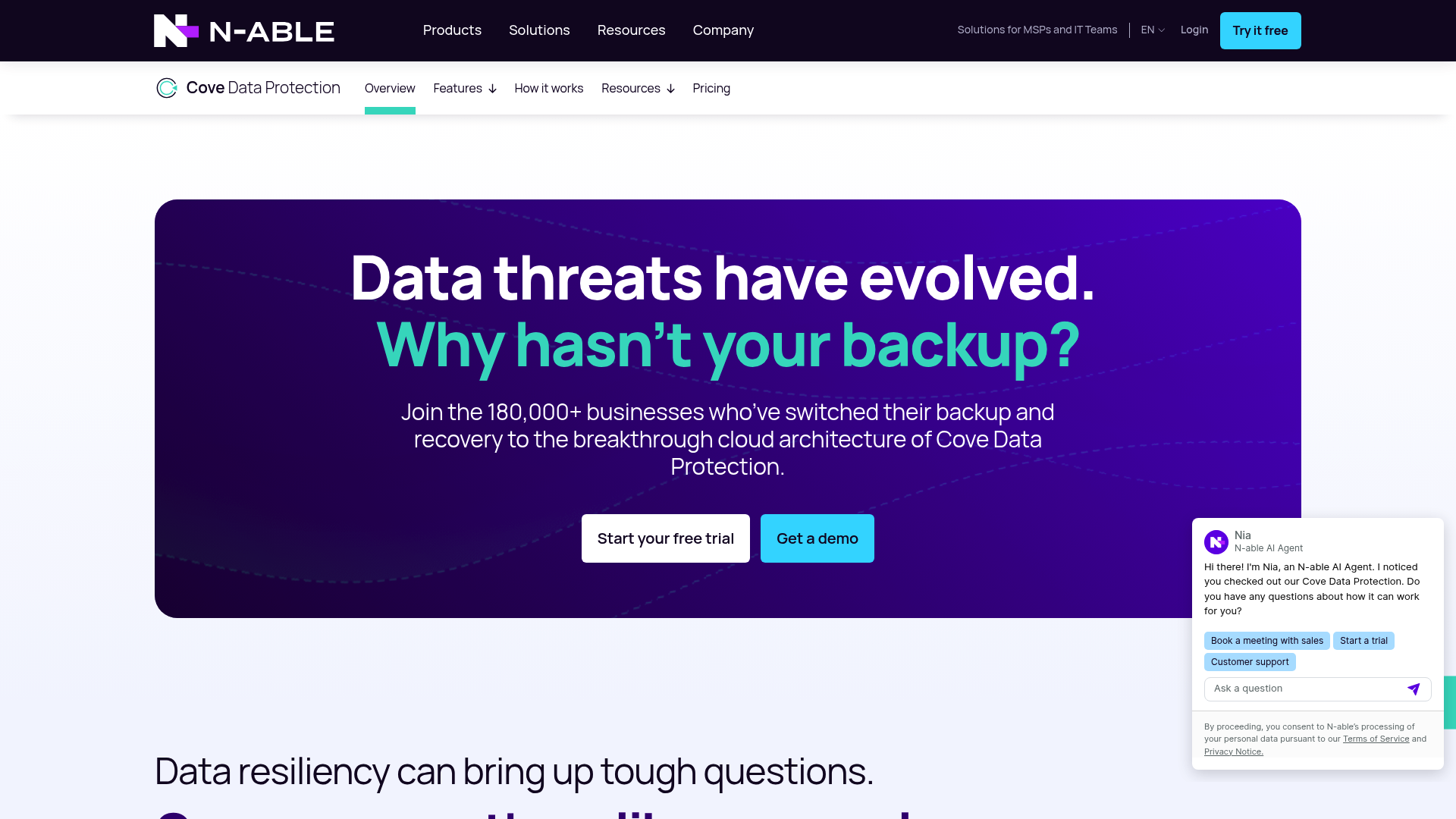 Cove Data Protection interface showing cloud backup dashboard