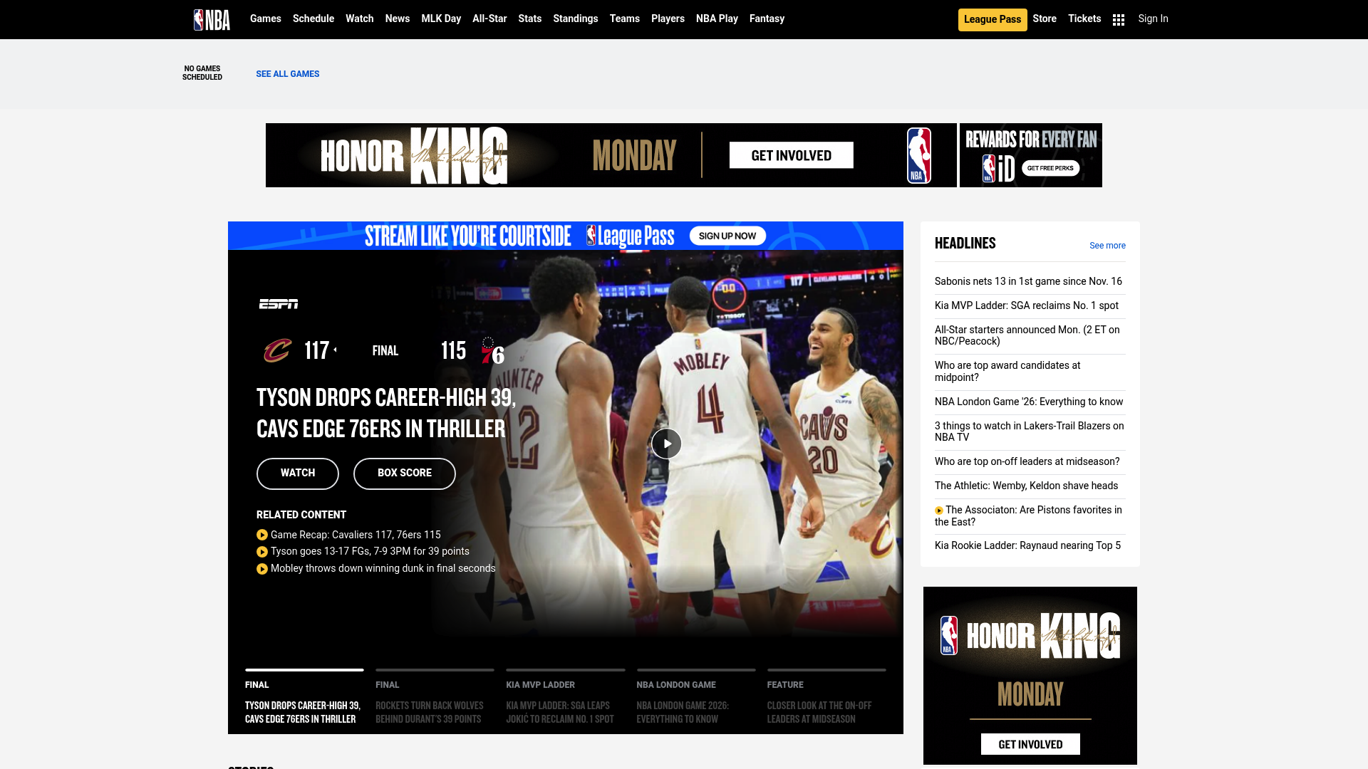 A screenshot of the official NBA website homepage, a leading global sports league by revenue.