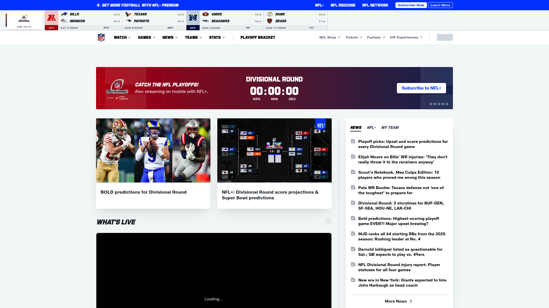 A screenshot of the official NFL website homepage, the leading sports league by revenue.