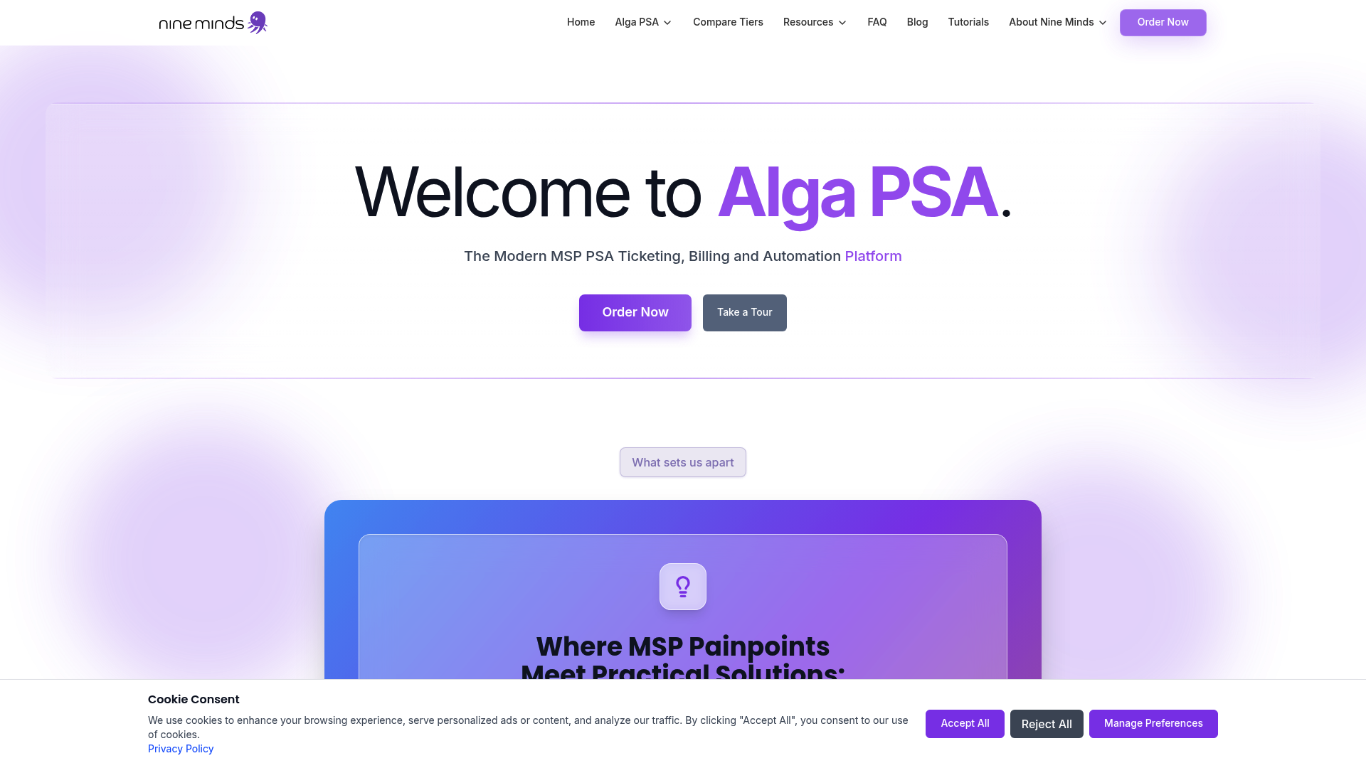 Nine Minds landing page with Alga AI platform