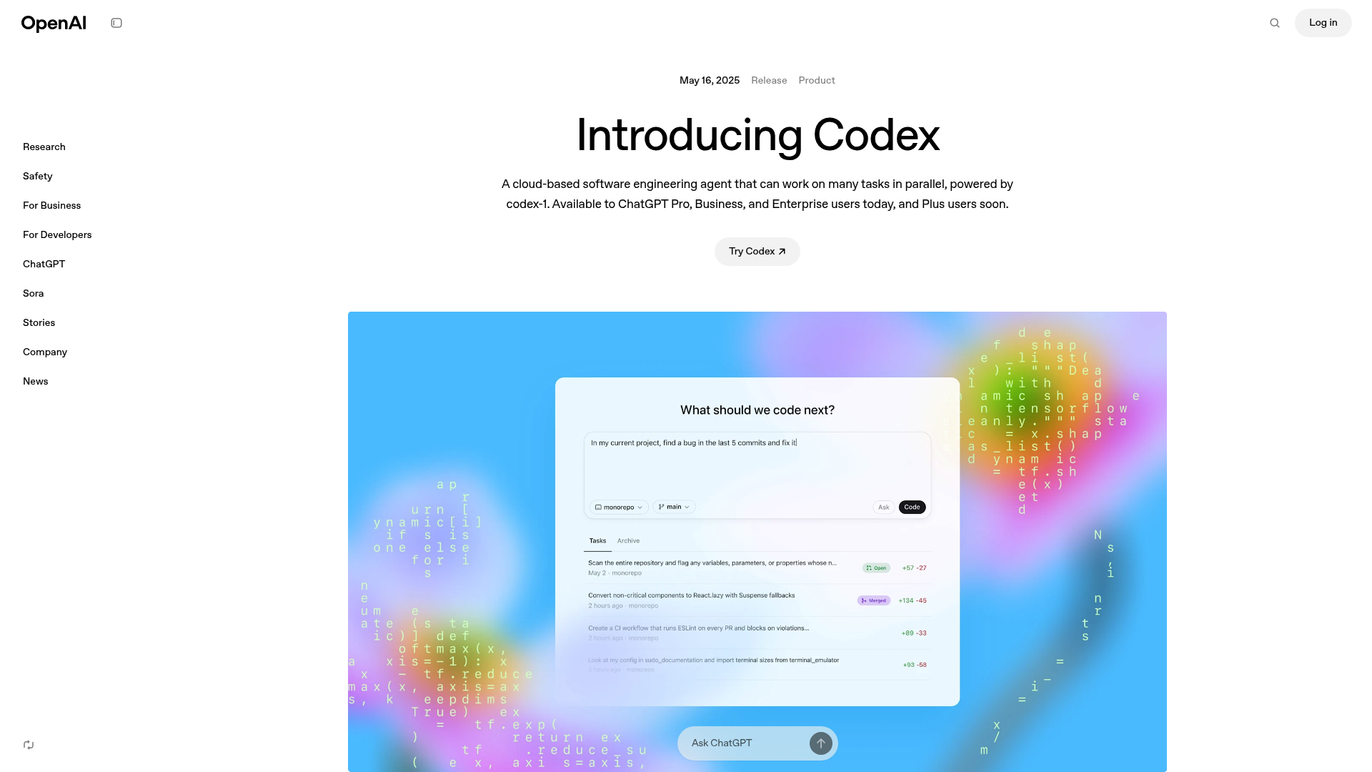 A screenshot of the OpenAI landing page, which offers the foundational models for many text-to-code tools.
