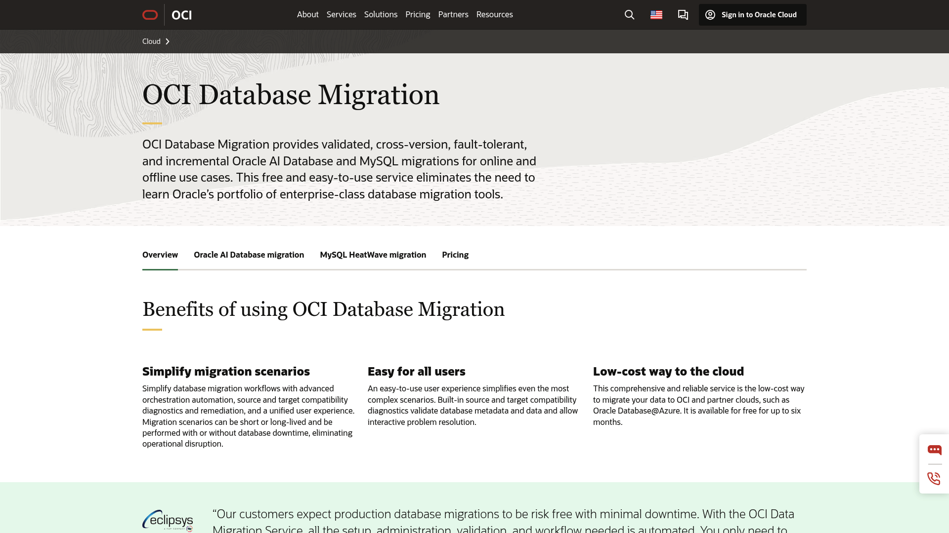 A screenshot of the Oracle Cloud Migration landing page, another one of the best cloud data migration tools.