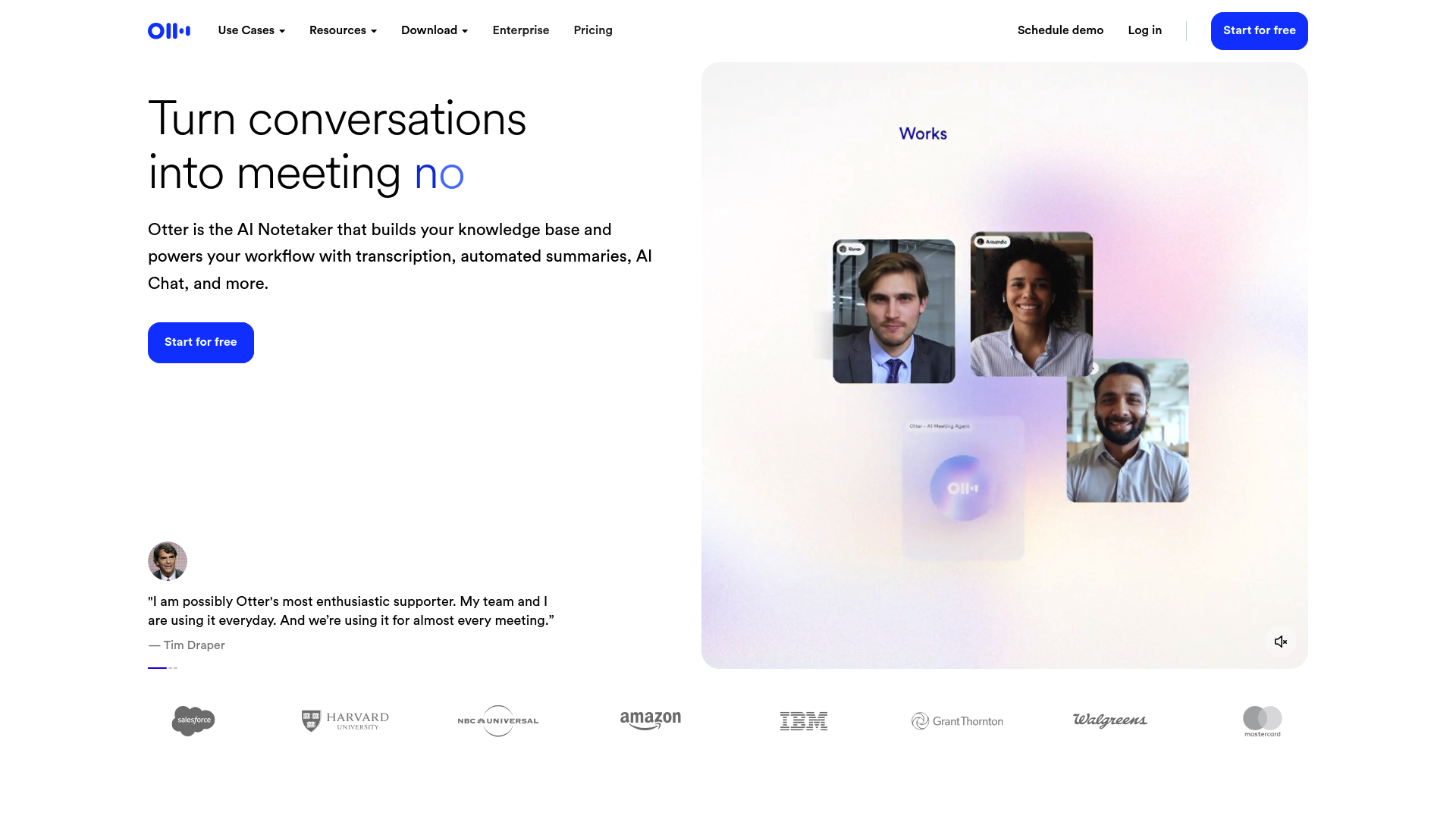 Página de destino de Otter.ai que muestra las funciones de transcripción en tiempo real.