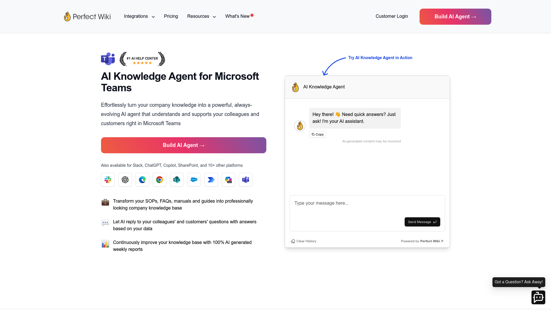 Page de destination de Perfect Wiki présentant les fonctionnalités de la base de connaissances de l'IA