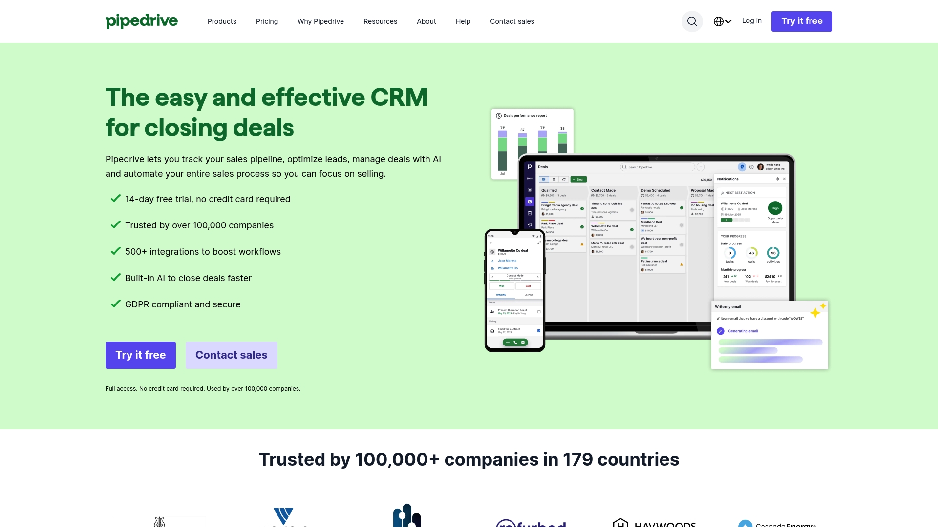 Una captura de pantalla de la página de inicio de Pipedrive.