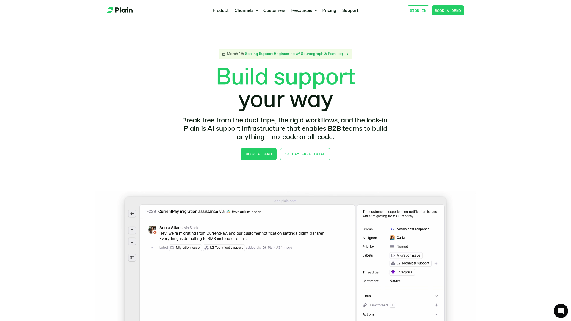 Página de destino do Plain para plataforma de suporte B2B