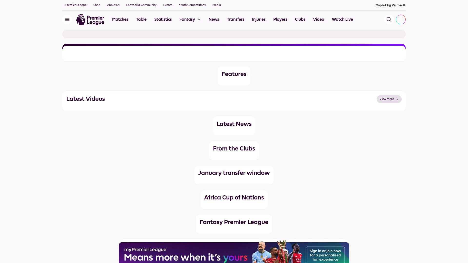 A screenshot of the official Premier League website homepage, the most global sports league by revenue.
