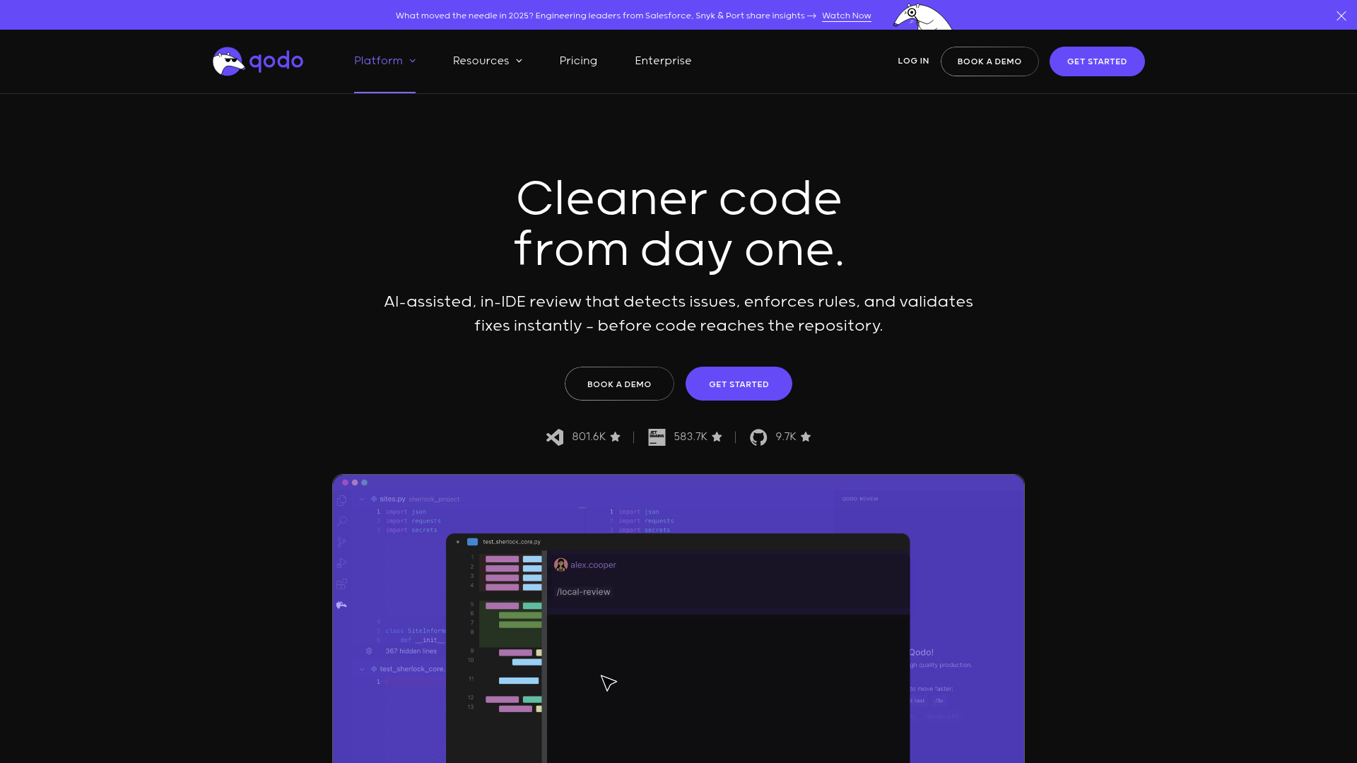 A screenshot of the Qodo AI platform homepage, focusing on code quality and review.