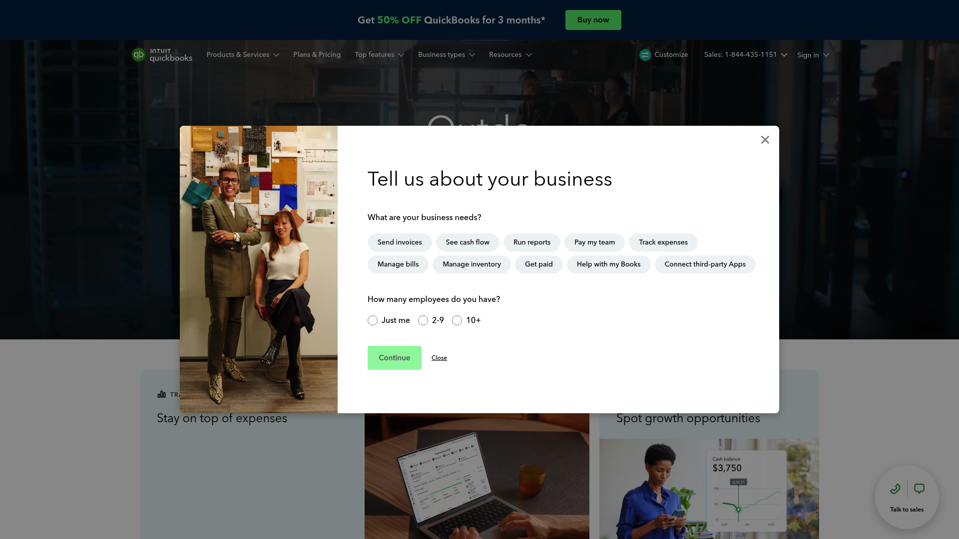 A screenshot of the main landing page for QuickBooks Online, one of the top small business accounting software solutions.