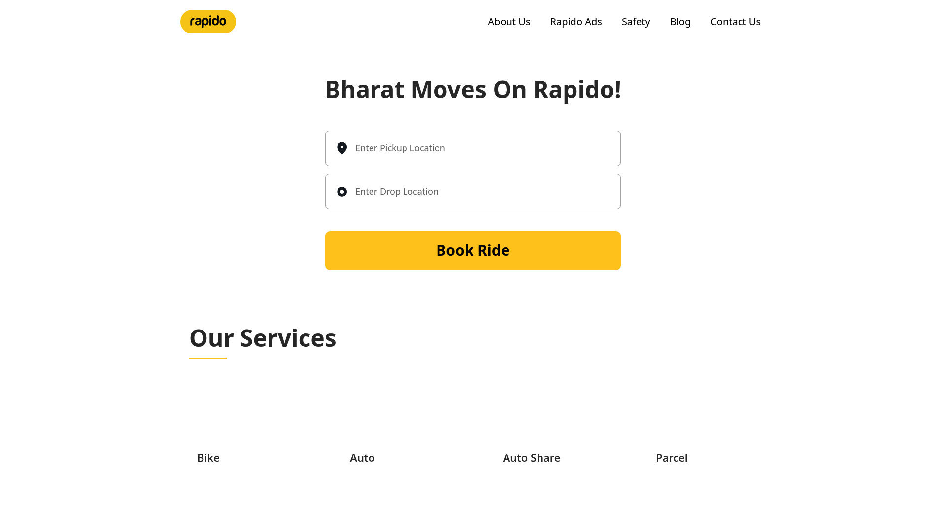 A screenshot of the Rapido homepage, showing their core service offerings like bike, auto, and cab rides.
