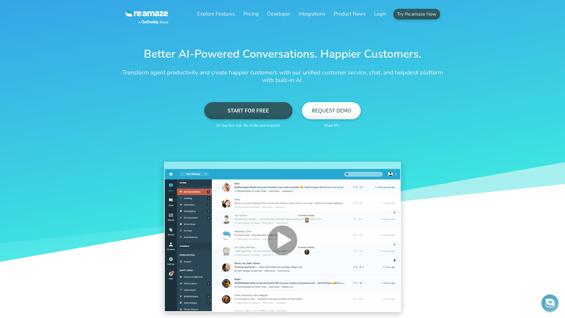 Re:amaze landing page showcasing unified customer service platform