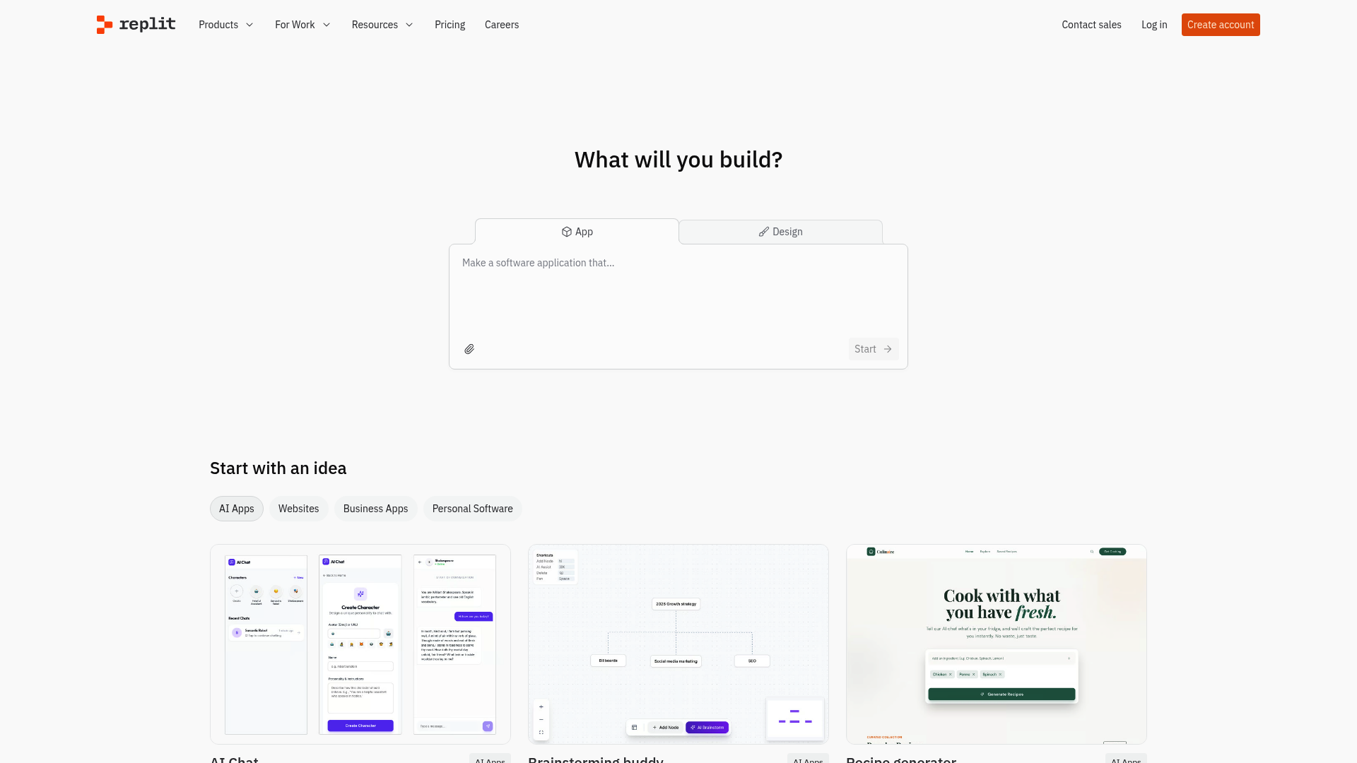 A screenshot of the Replit homepage, an AI-powered application development platform.