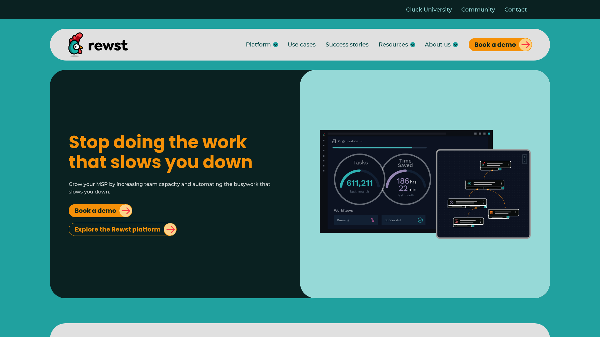 Rewst automation platform interface for building MSP workflows