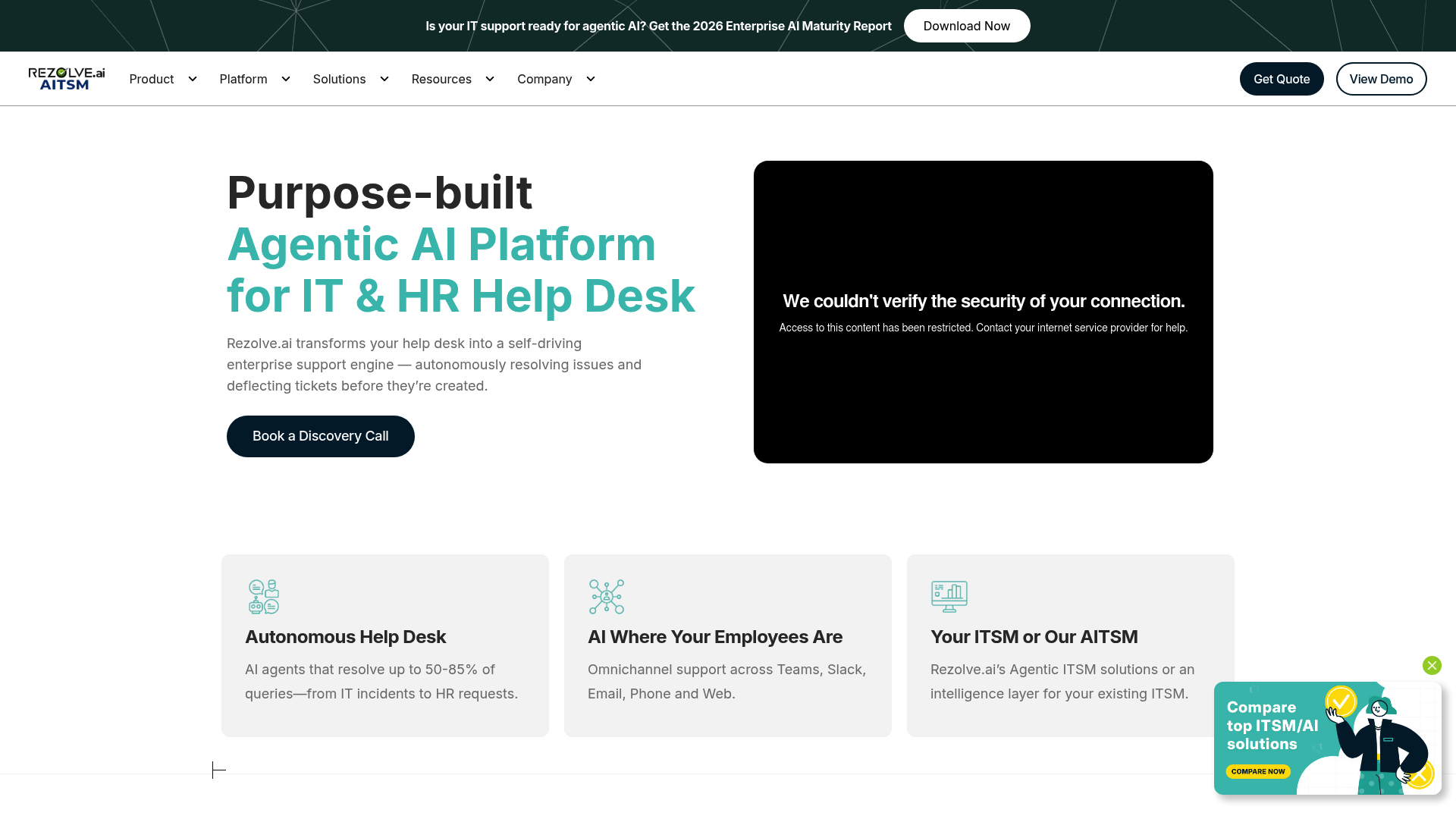 Página de inicio de la plataforma de mesa de ayuda de IA empresarial Rezolve.ai