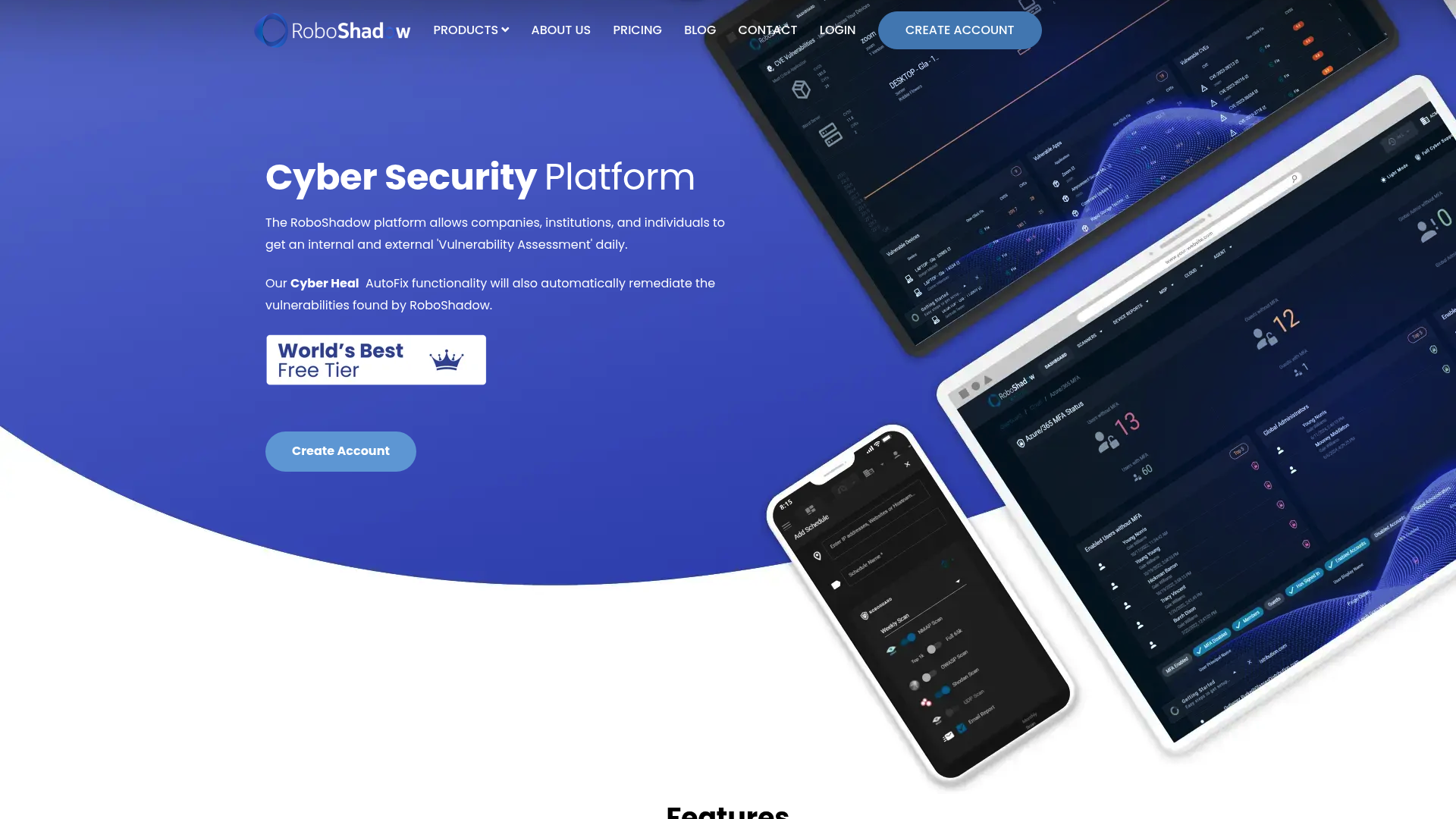 RoboShadow landing page with vulnerability scanning dashboard