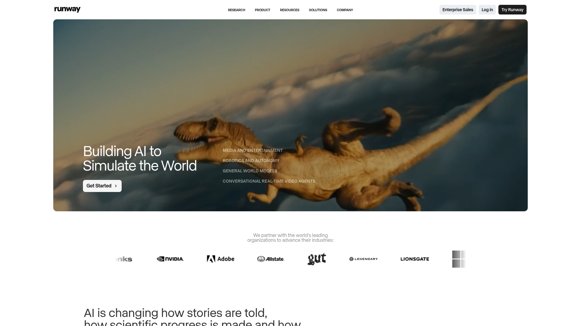 Una captura de pantalla de la página de inicio de Runway AI.