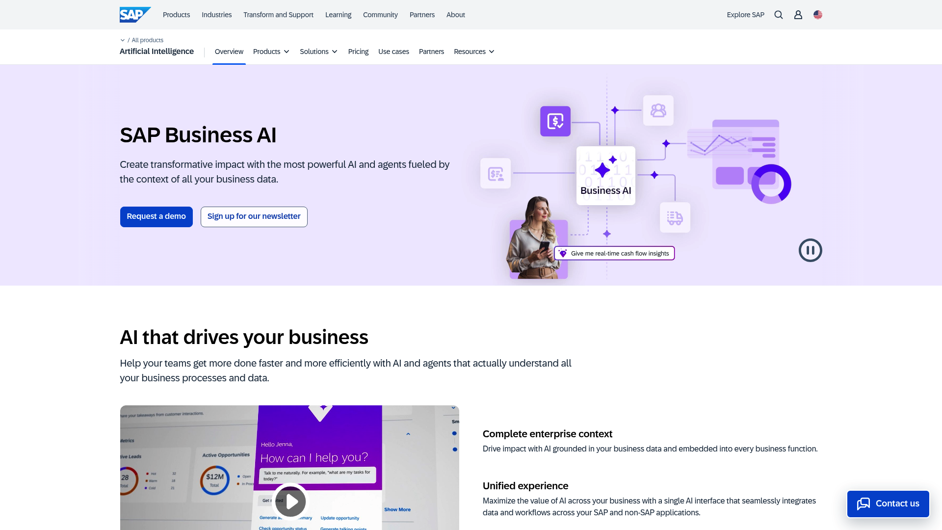 The official landing page for SAP, showcasing its branding as a leading enterprise software provider.